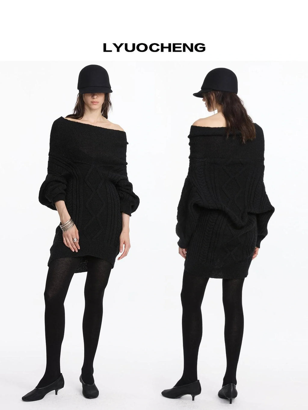 Asymmetric Draped Collar Cable Knit Sweater V-neck Long Sleeve