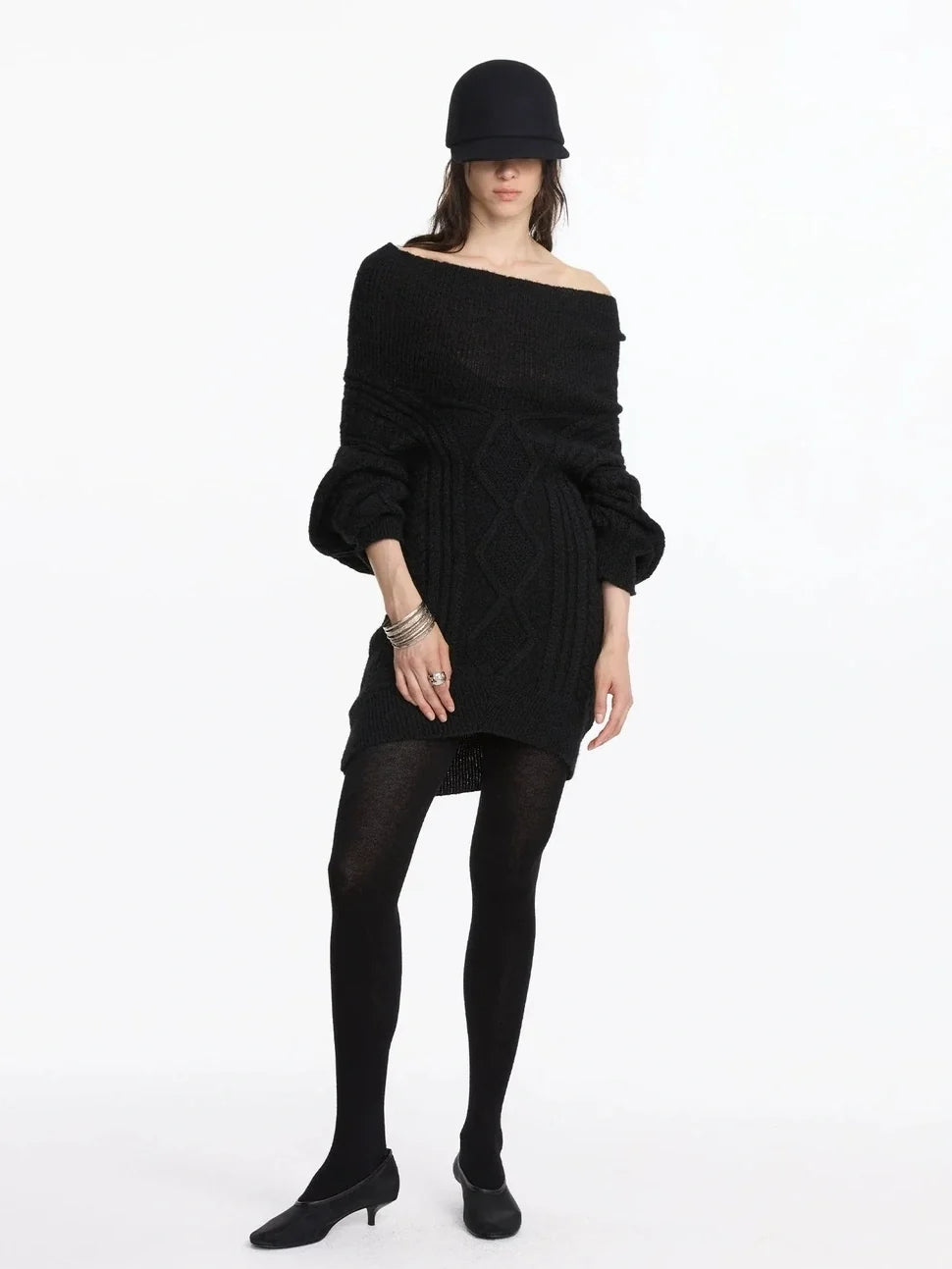 Asymmetric Draped Collar Cable Knit Sweater V-neck Long Sleeve