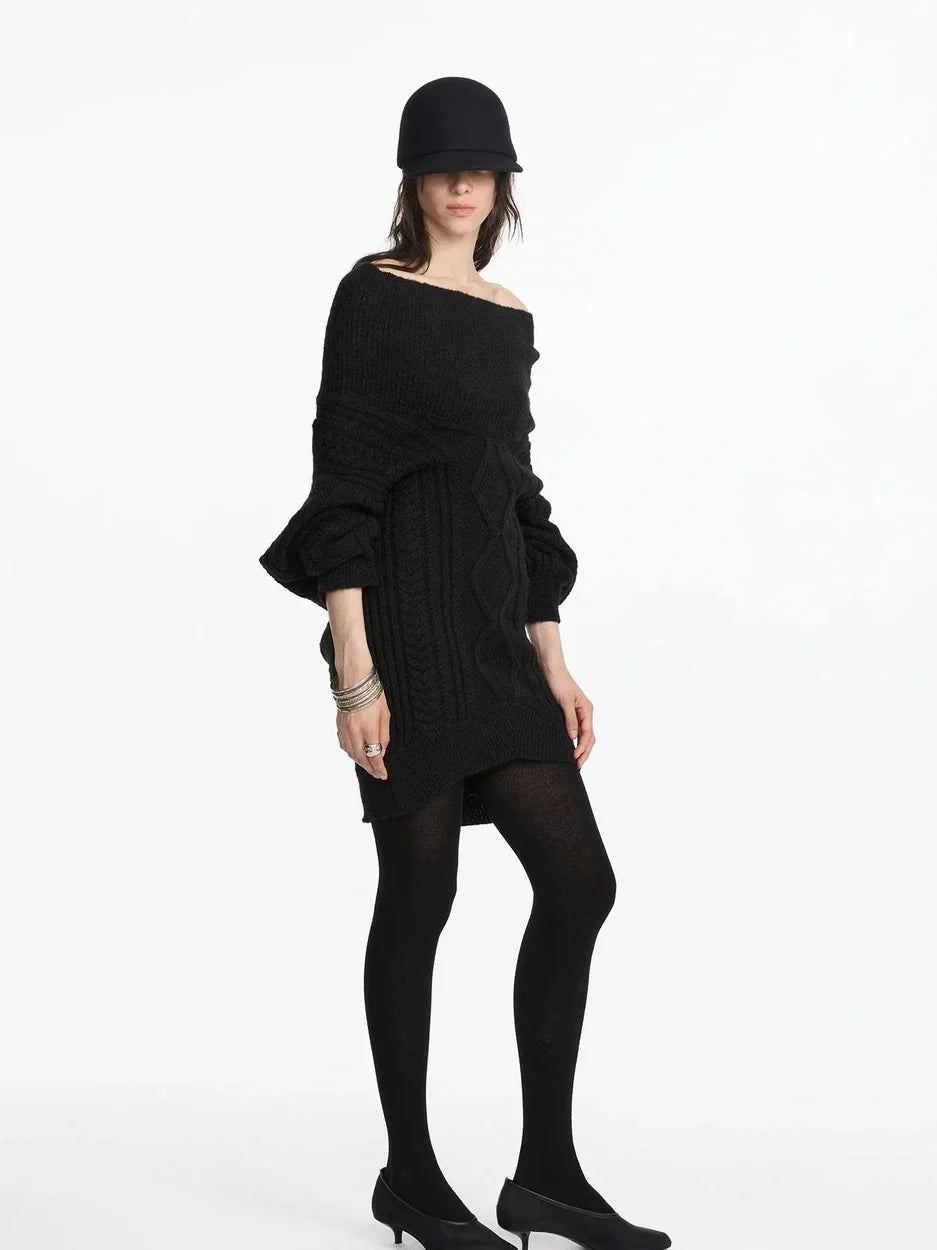 Asymmetric Draped Collar Cable Knit Sweater V-neck Long Sleeve