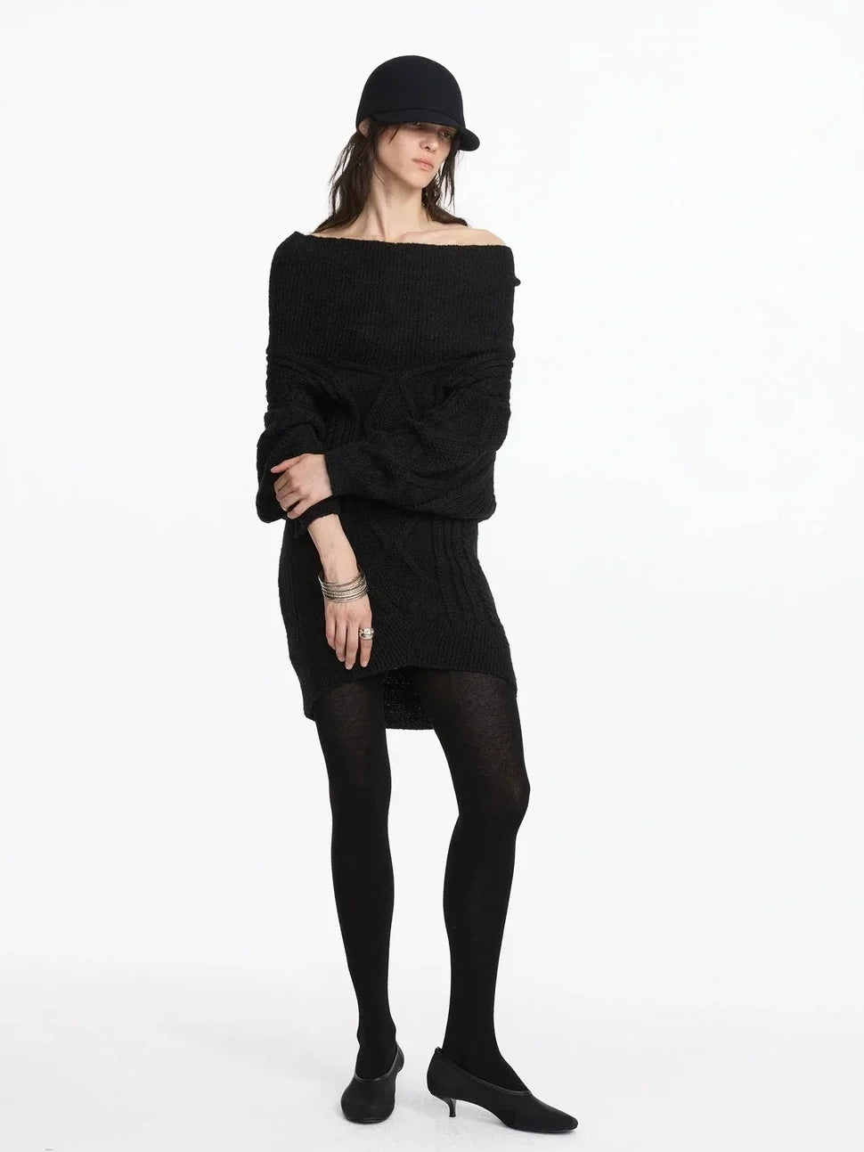 Asymmetric Draped Collar Cable Knit Sweater V-neck Long Sleeve