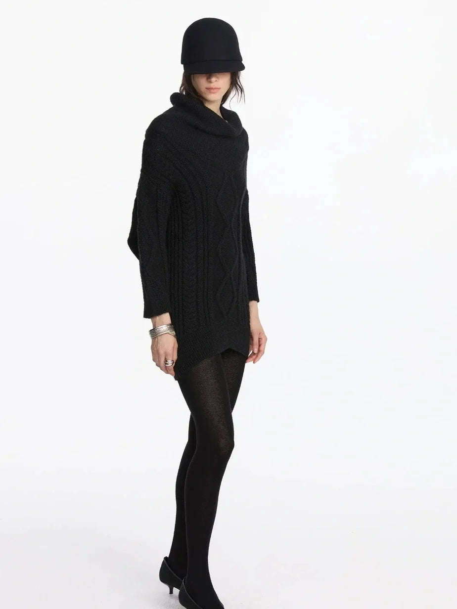 Asymmetric Draped Collar Cable Knit Sweater V-neck Long Sleeve
