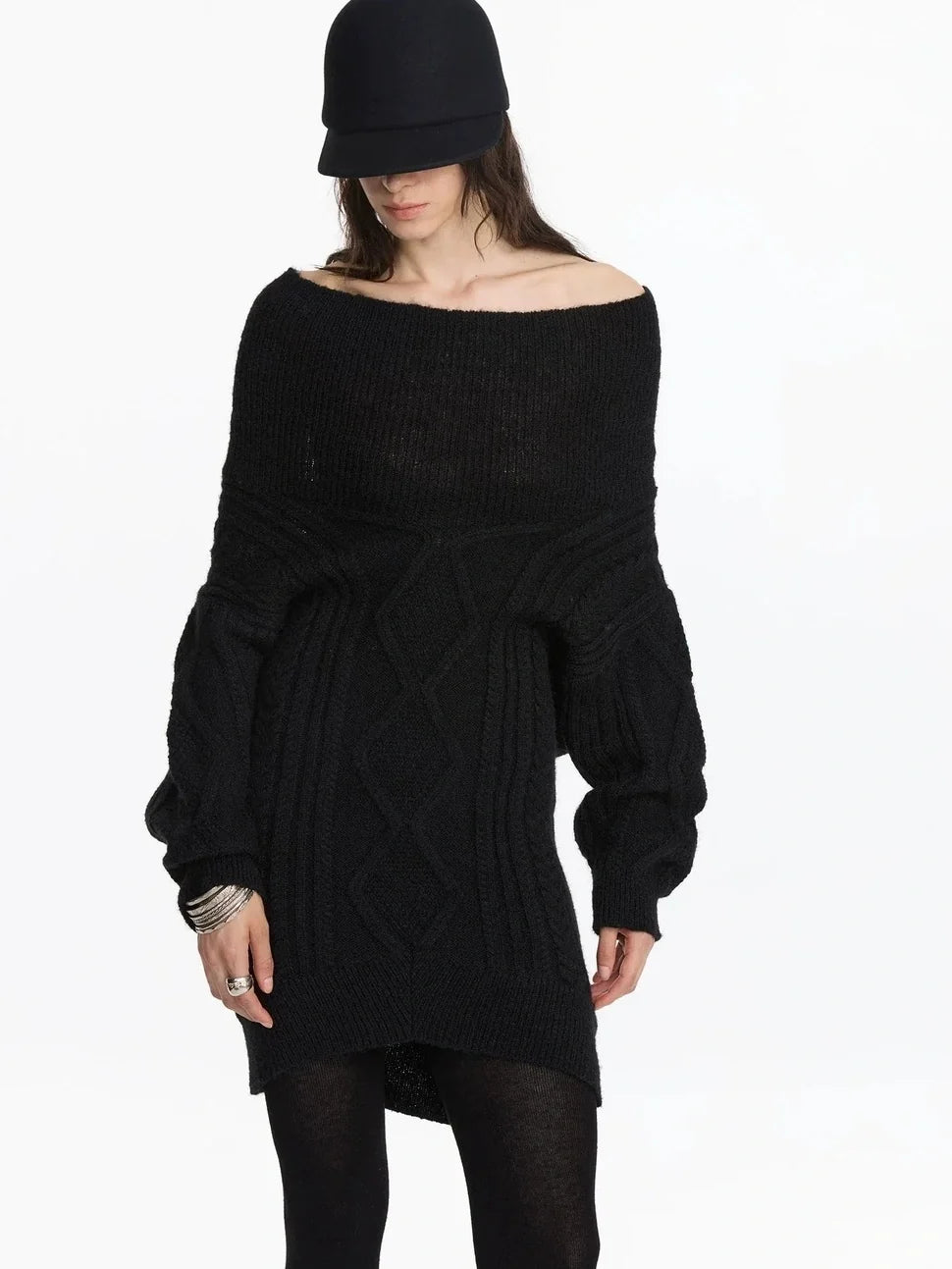 Asymmetric Draped Collar Cable Knit Sweater V-neck Long Sleeve