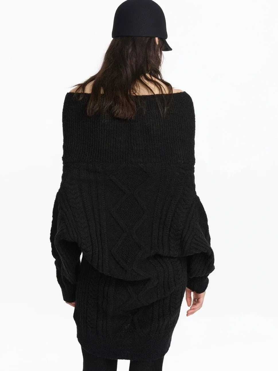 Asymmetric Draped Collar Cable Knit Sweater V-neck Long Sleeve
