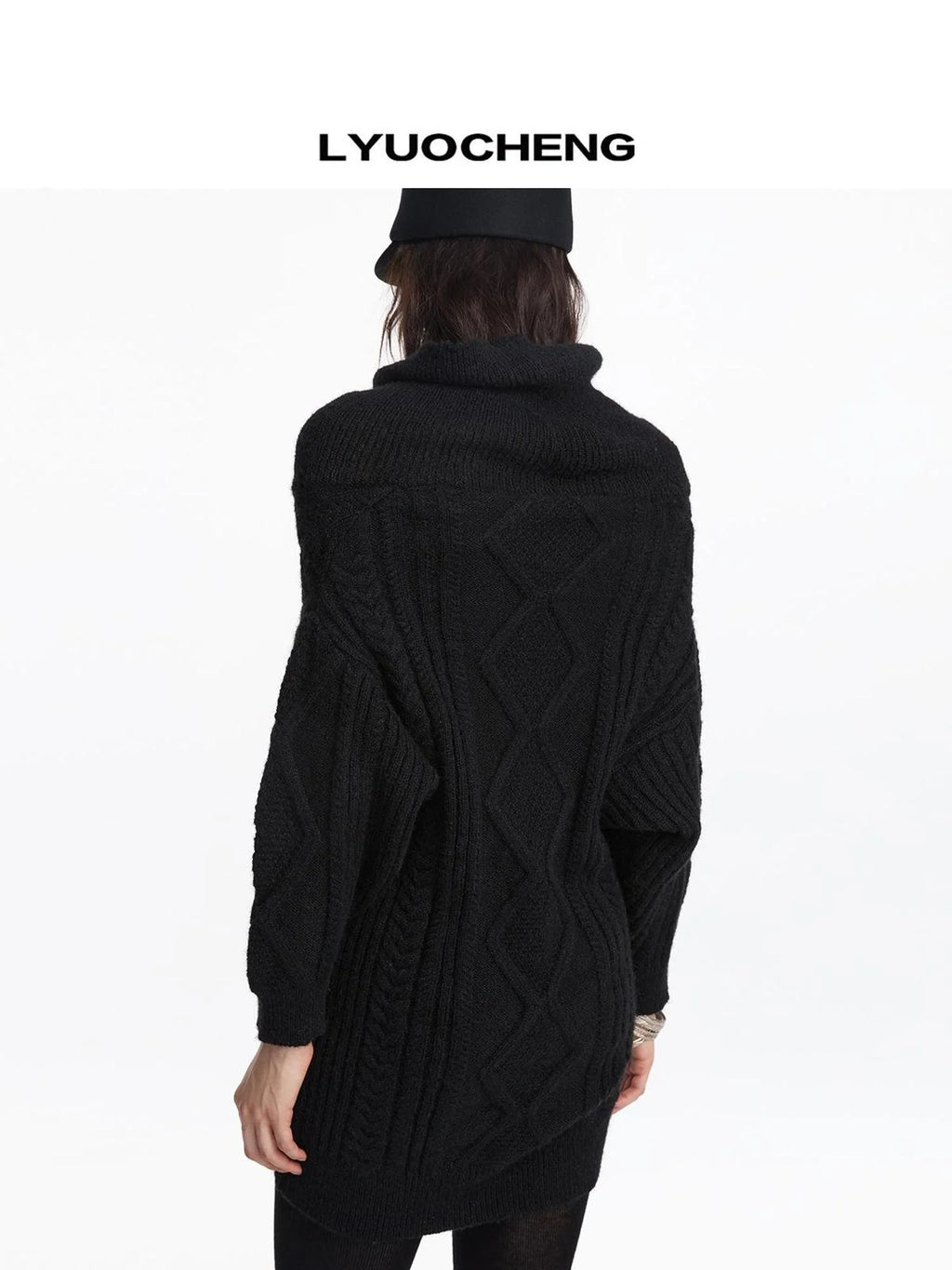 Asymmetric Draped Collar Cable Knit Sweater V-neck Long Sleeve