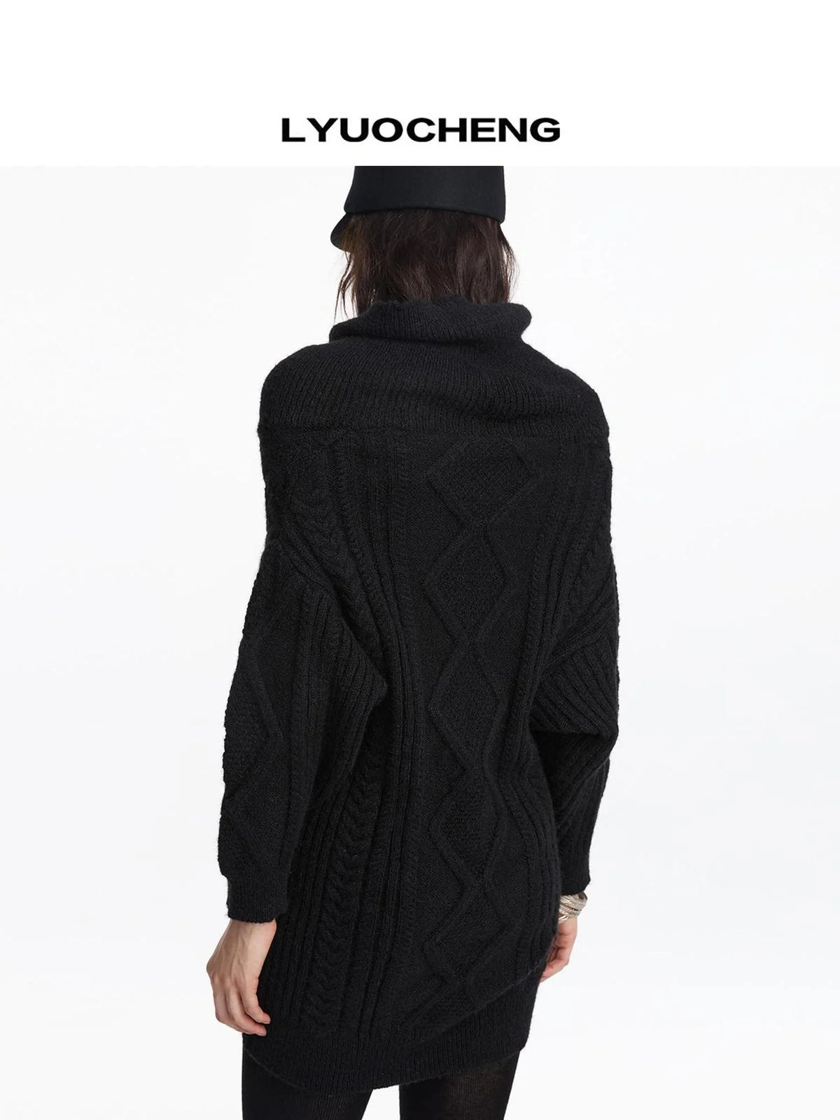 Asymmetric Draped Collar Cable Knit Sweater V-neck Long Sleeve