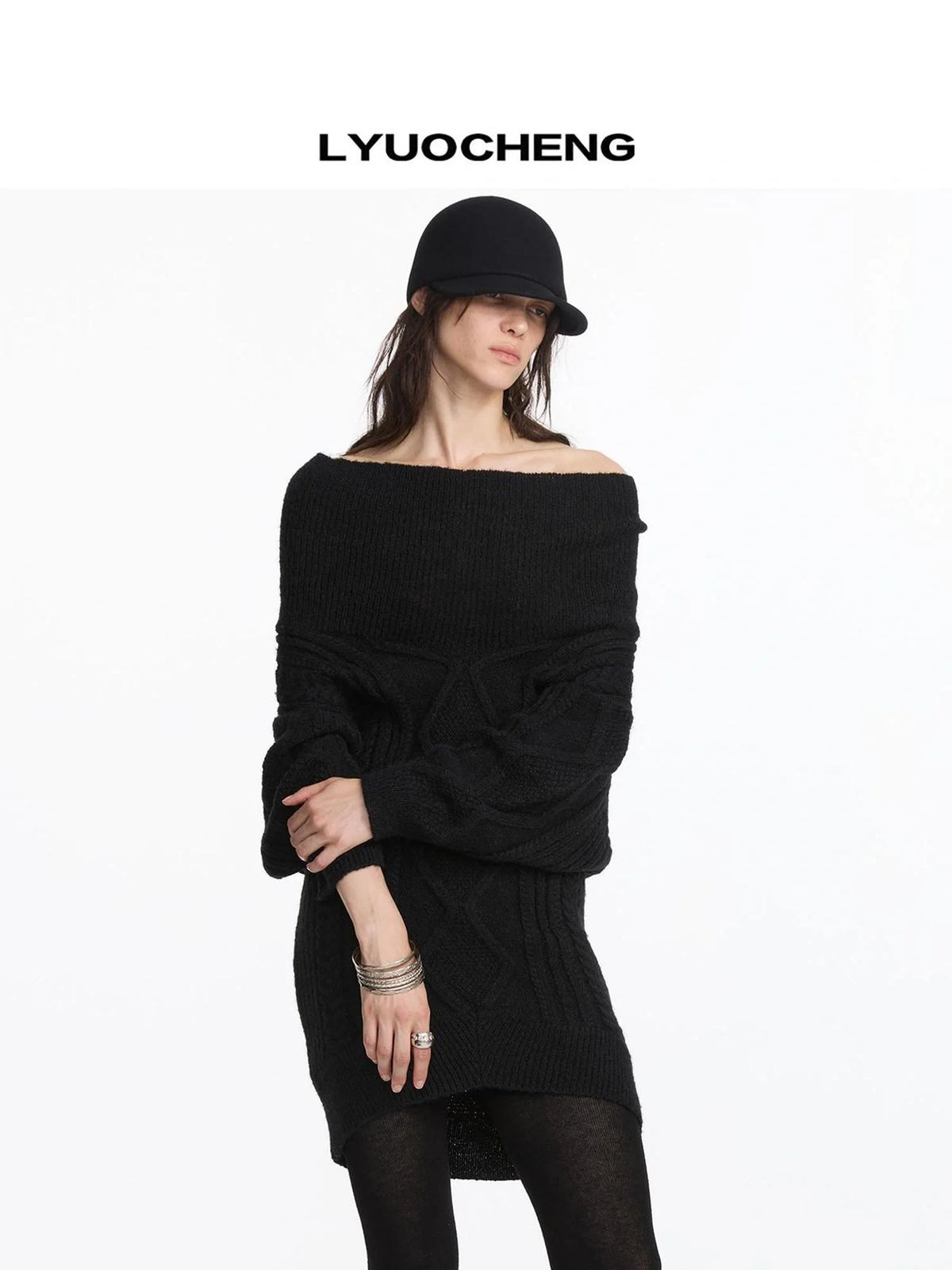 Asymmetric Draped Collar Cable Knit Sweater V-neck Long Sleeve