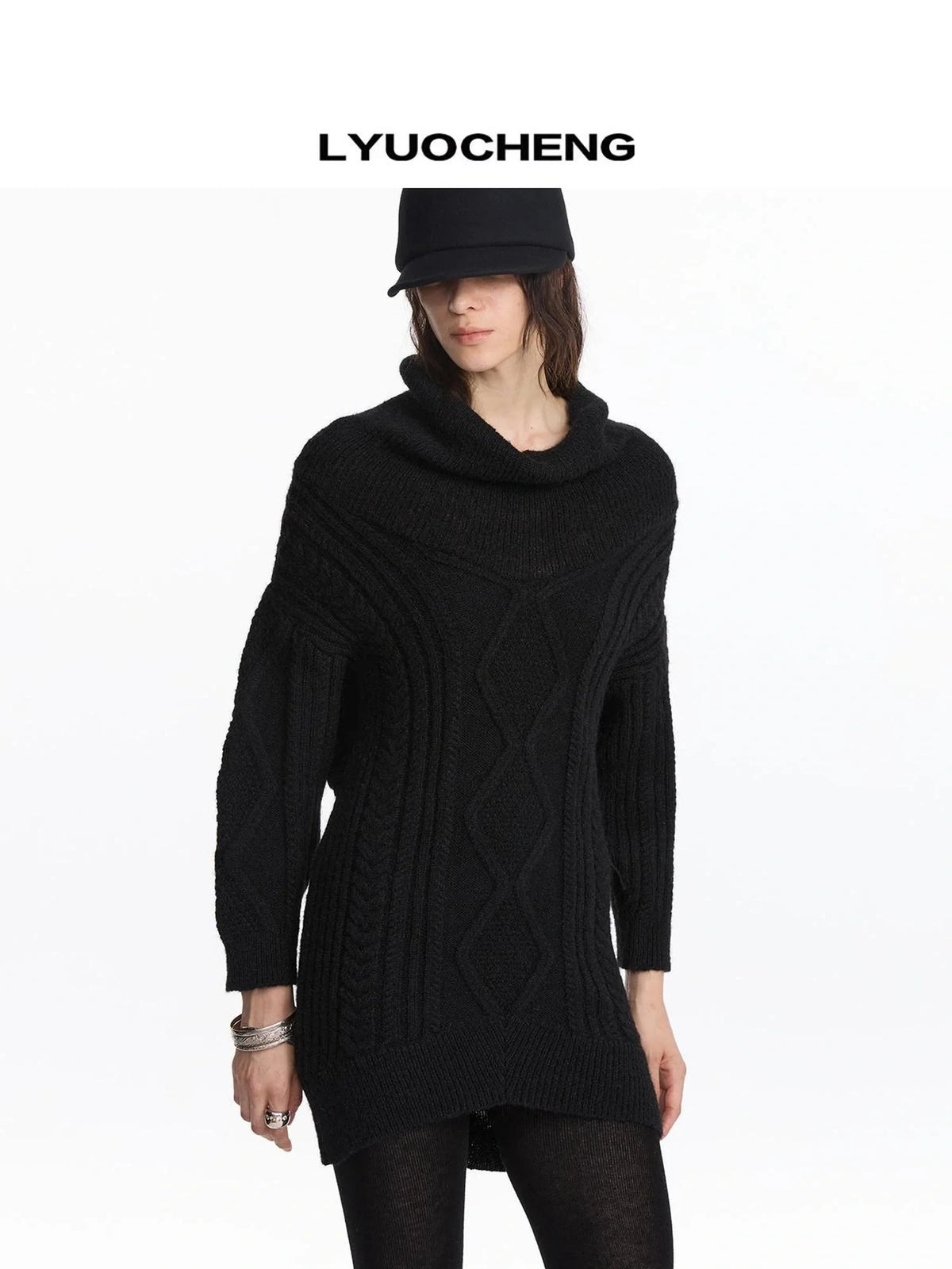 Asymmetric Draped Collar Cable Knit Sweater V-neck Long Sleeve