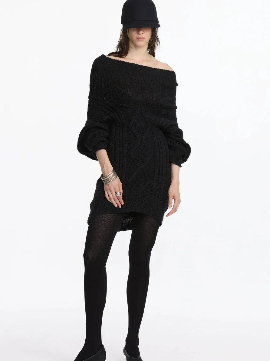 Asymmetric Draped Collar Cable Knit Sweater V-neck Long Sleeve