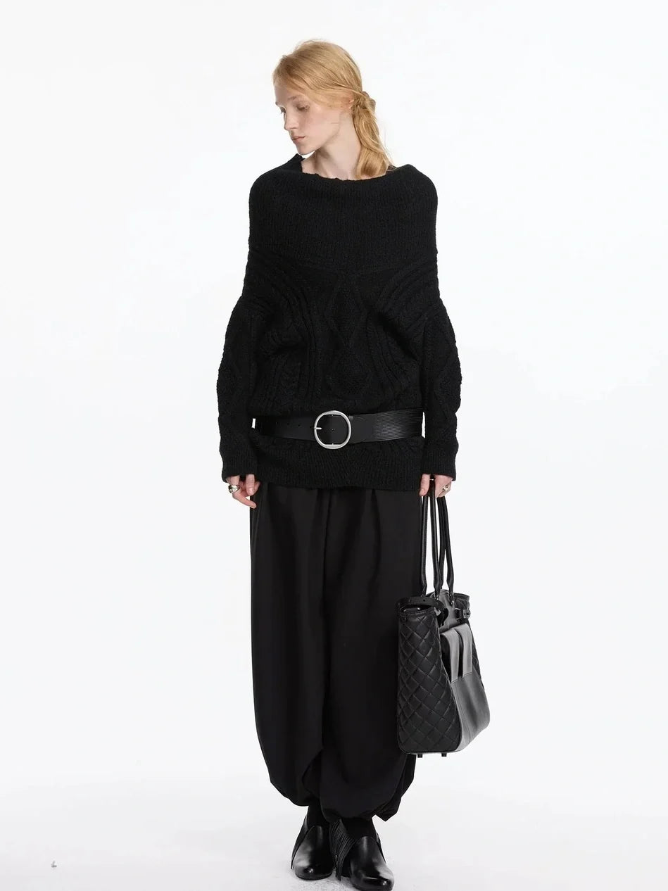 Asymmetric Draped Collar Cable Knit Sweater V-neck Long Sleeve