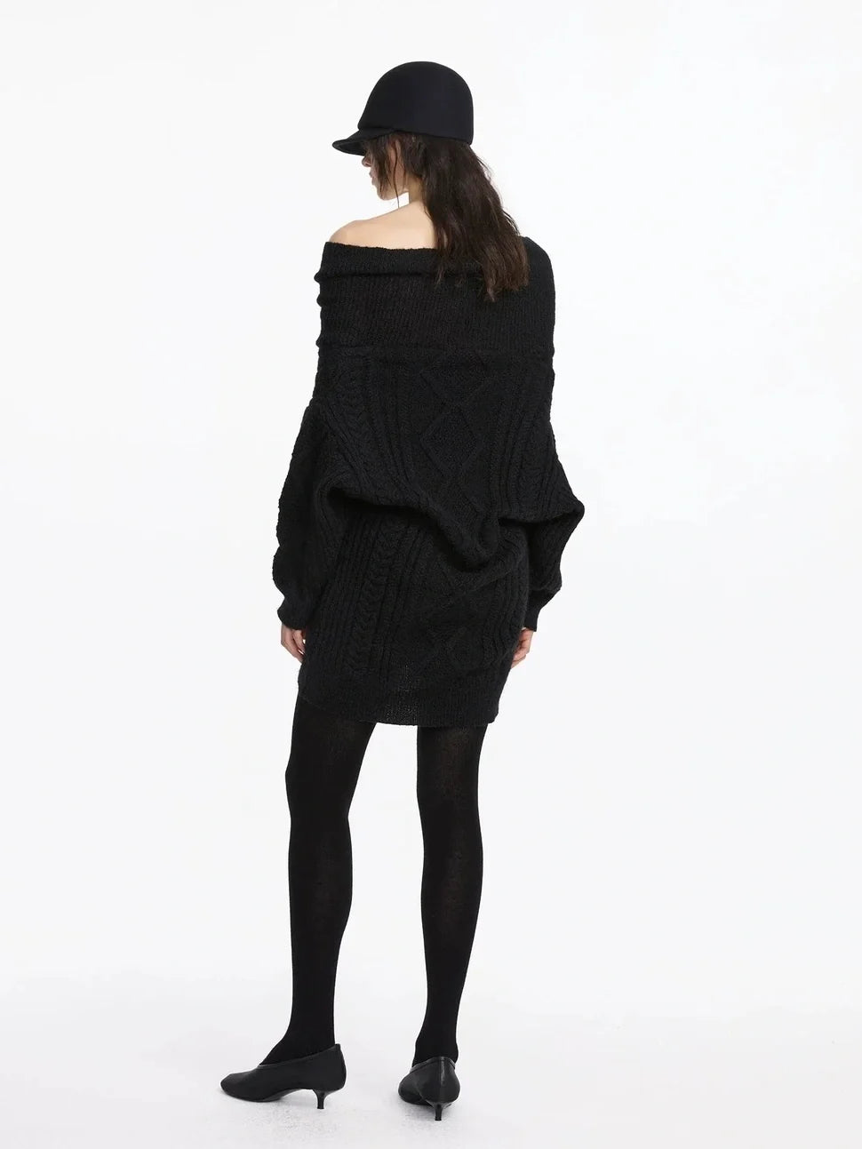 Asymmetric Draped Collar Cable Knit Sweater V-neck Long Sleeve