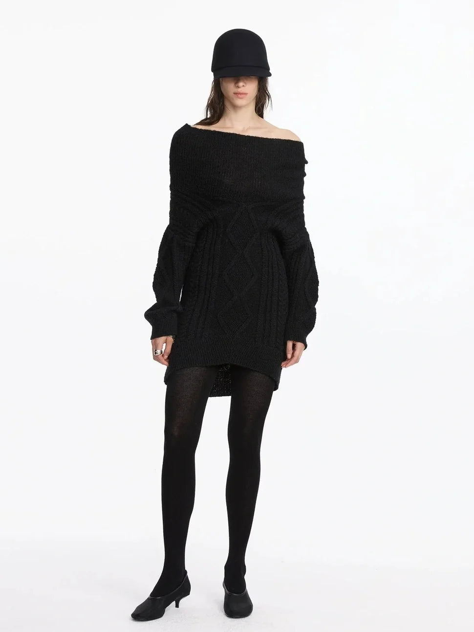 Asymmetric Draped Collar Cable Knit Sweater V-neck Long Sleeve