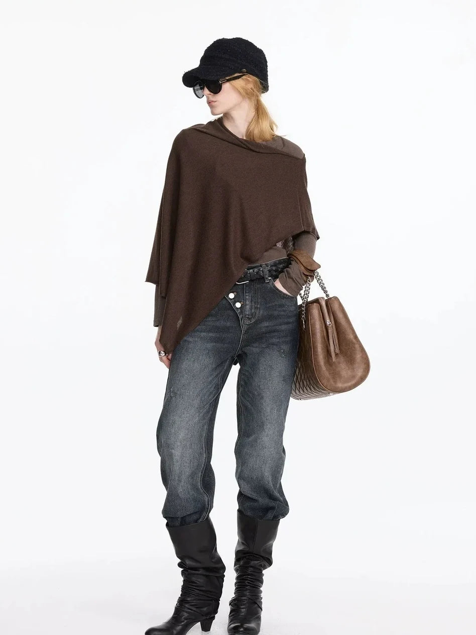 Asymmetrical Wool Blend Draped Cape Top