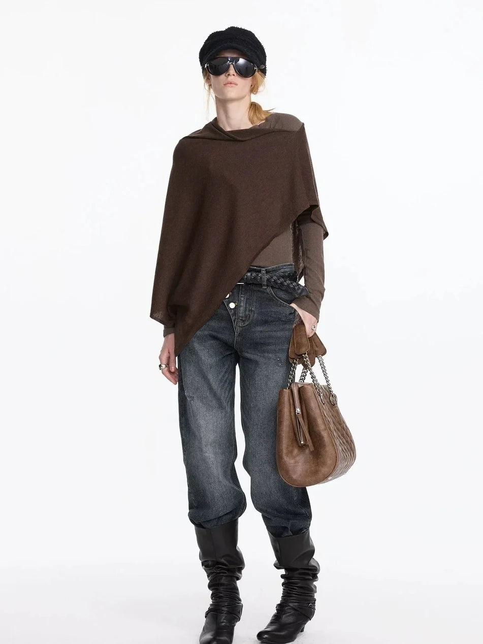 Asymmetrical Wool Blend Draped Cape Top