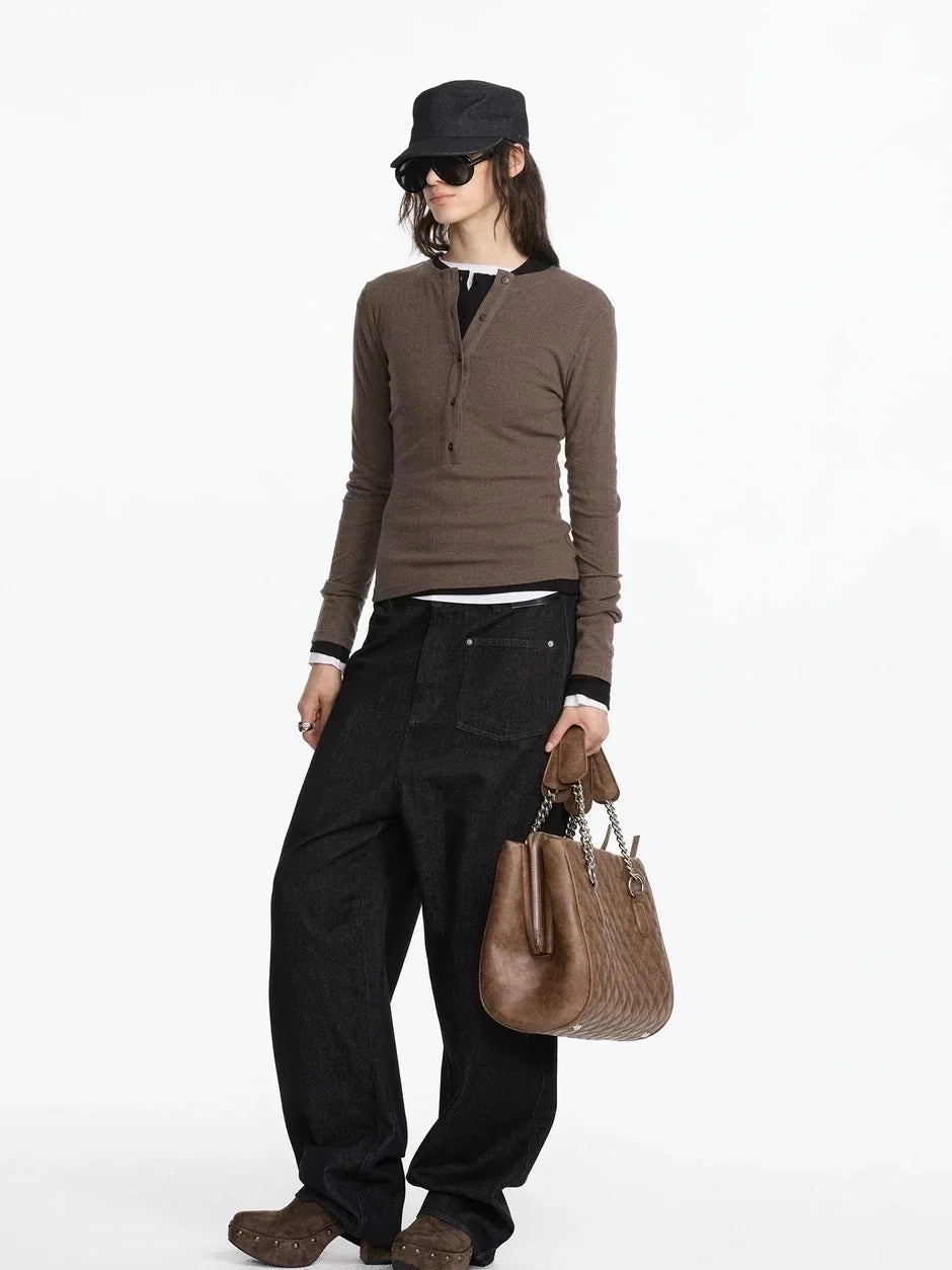 Autumn Acetate Henley Long Sleeve Top