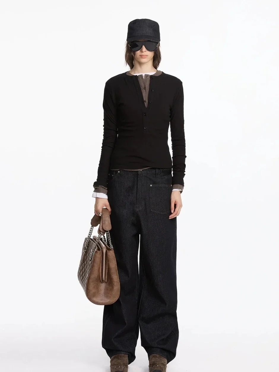 Autumn Acetate Henley Long Sleeve Top