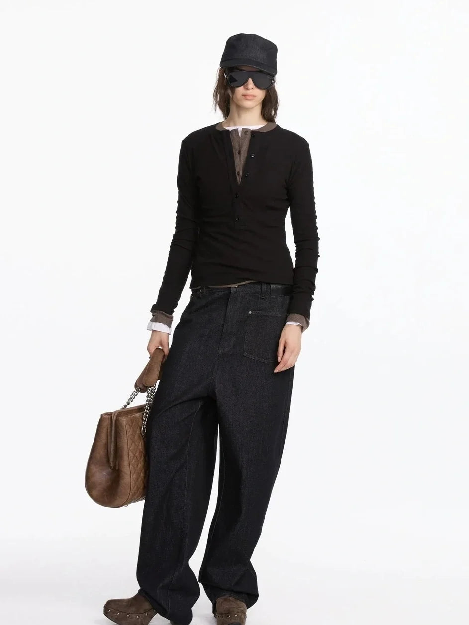 Autumn Acetate Henley Long Sleeve Top