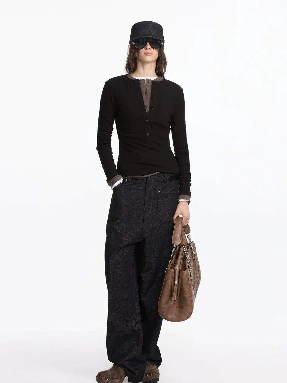 Autumn Acetate Henley Long Sleeve Top