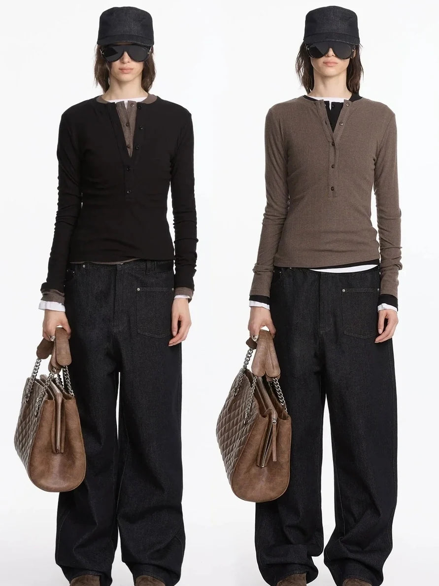 Autumn Acetate Henley Long Sleeve Top
