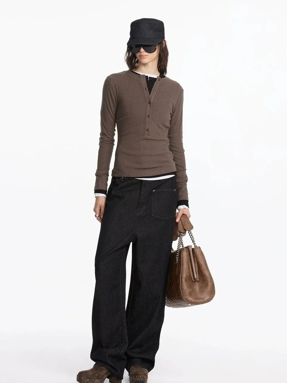 Autumn Acetate Henley Long Sleeve Top