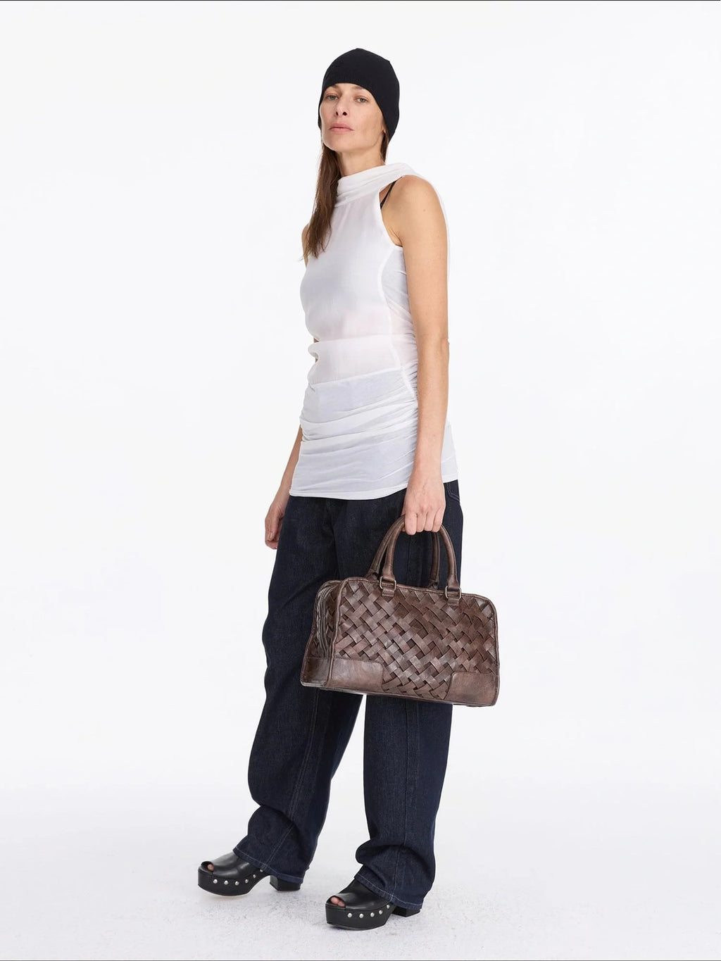 Back Draped White Tencel Shift Dress