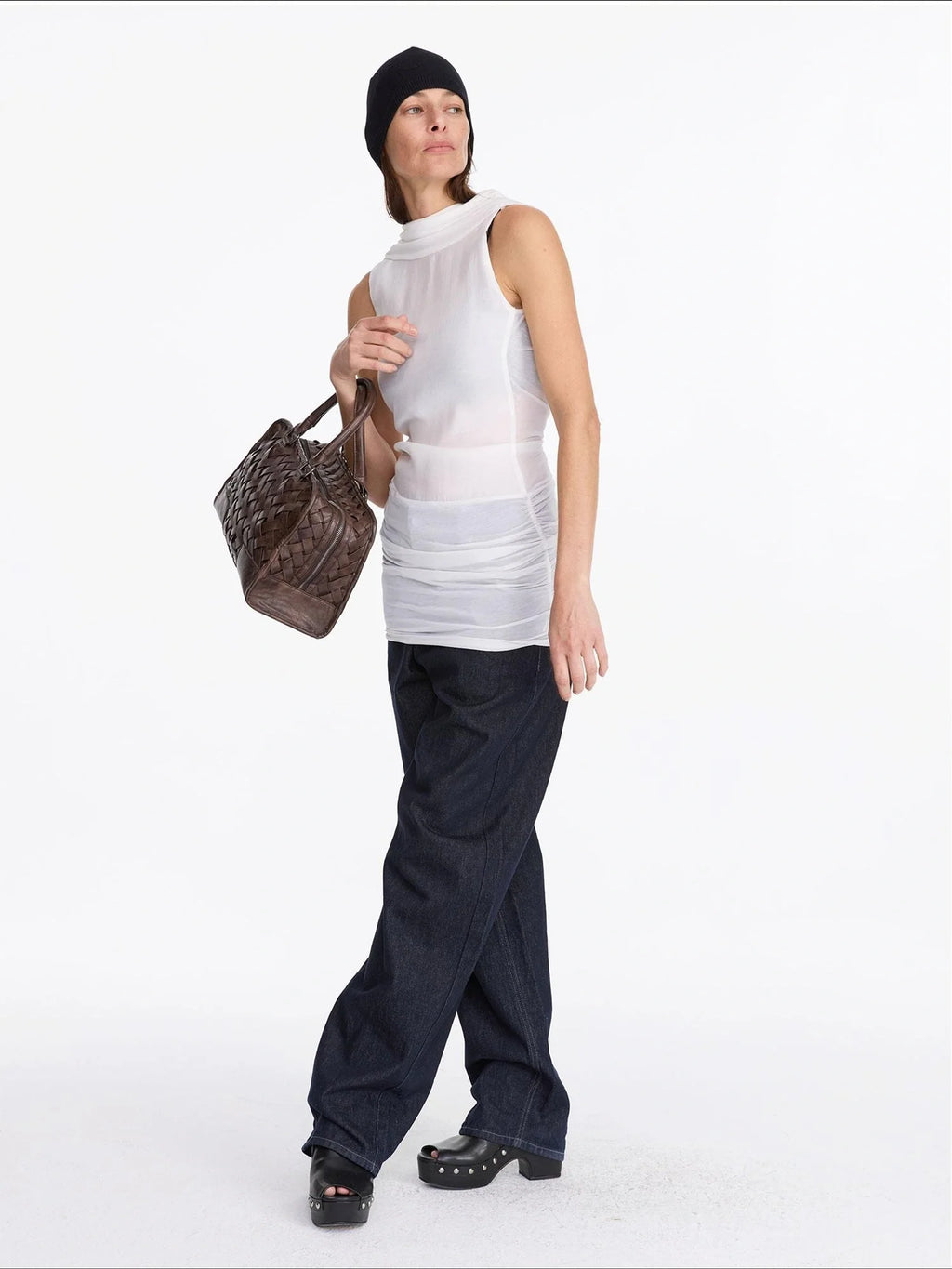 Back Draped White Tencel Shift Dress