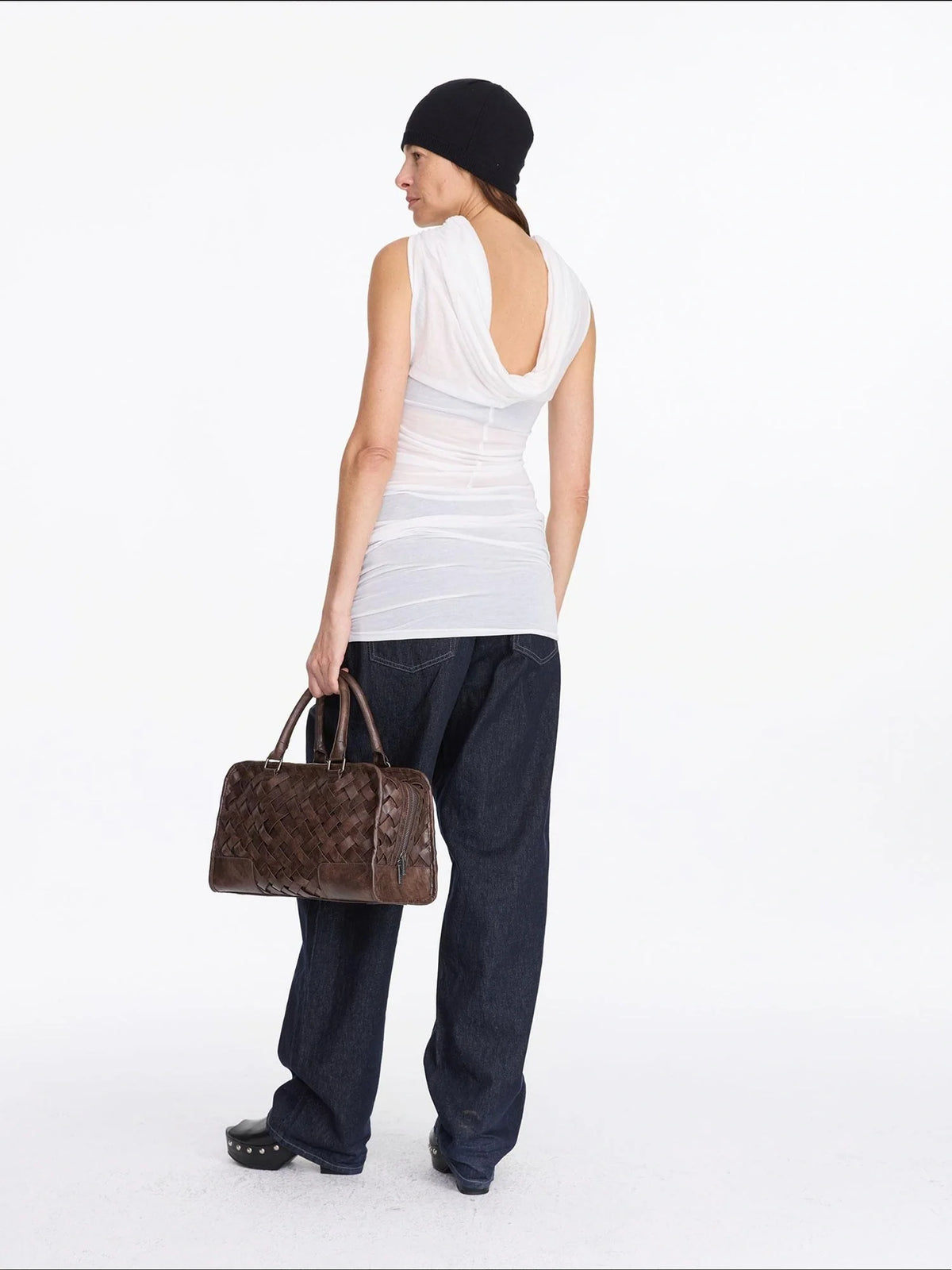 Back Draped White Tencel Shift Dress