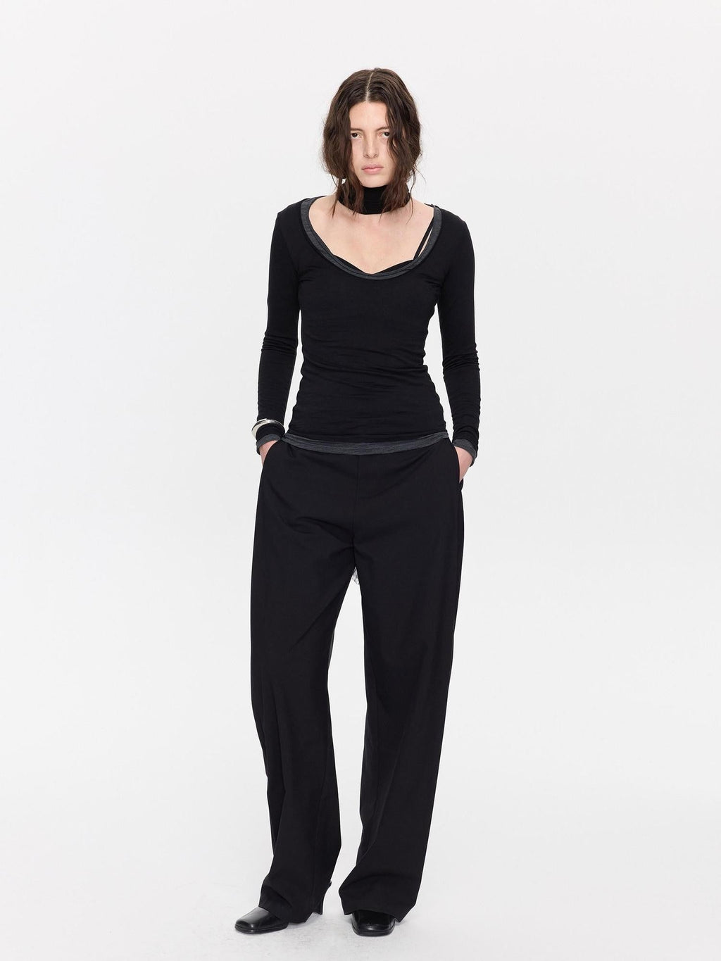 Black Minimal Pleated Tapered Relaxed Women's Polyester Blend Tailored Pants