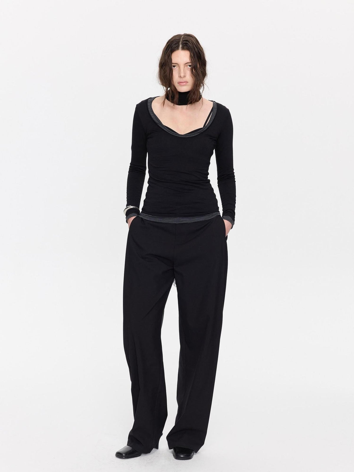 Black Minimal Pleated Tapered Relaxed Women's Polyester Blend Tailored Pants