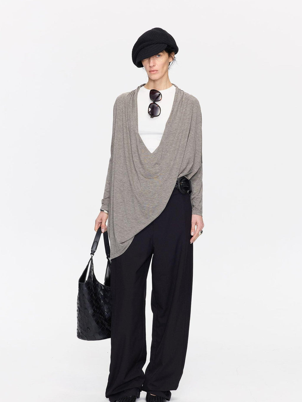 Black Minimal Pleated Tapered Relaxed Women's Polyester Blend Tailored Pants