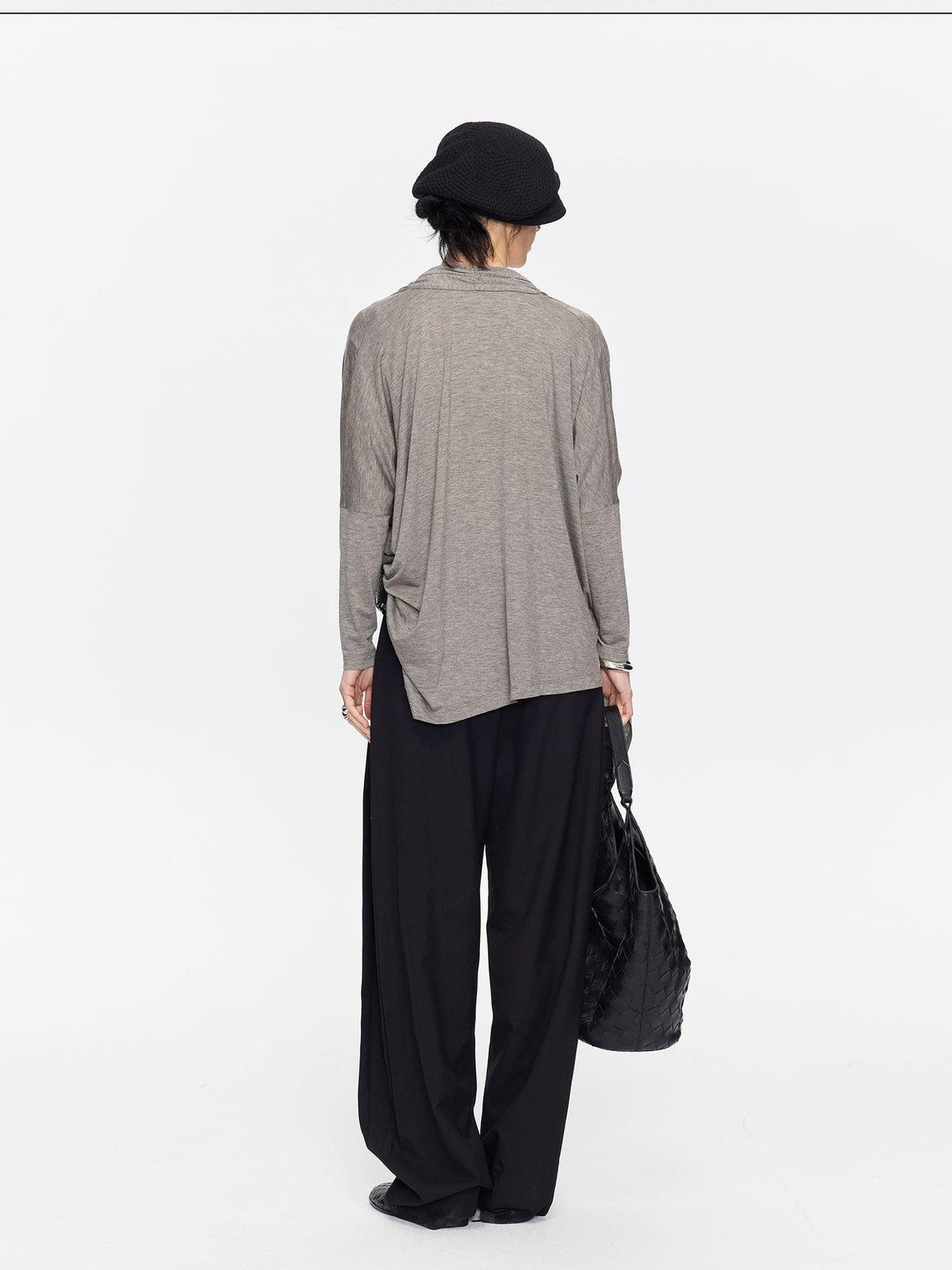Black Minimal Pleated Tapered Relaxed Women's Polyester Blend Tailored Pants