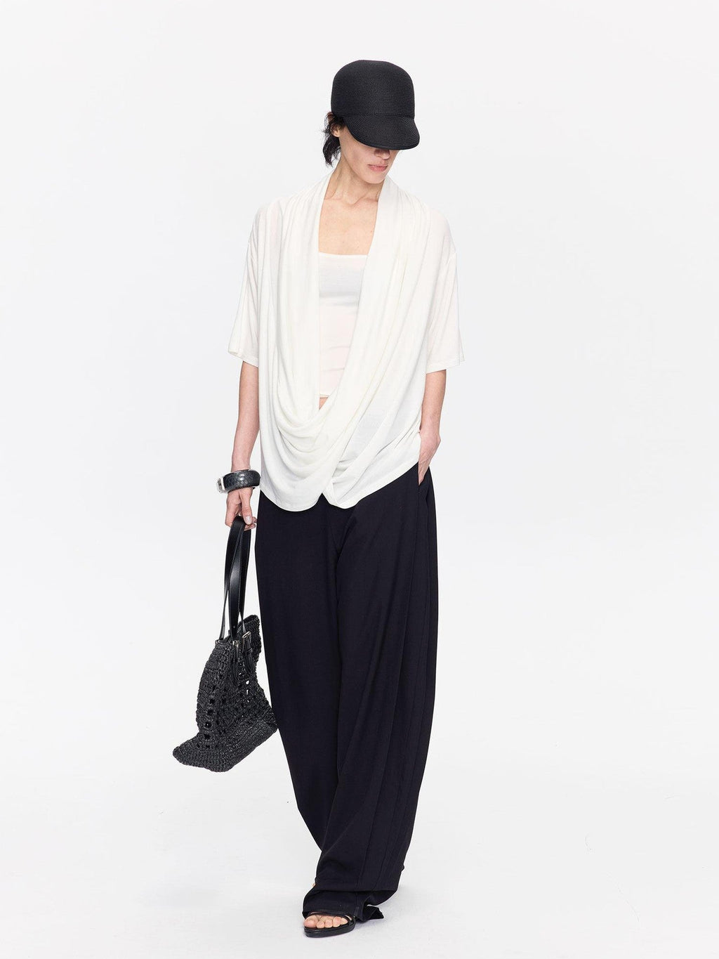 Black Minimal Pleated Tapered Relaxed Women's Polyester Blend Tailored Pants