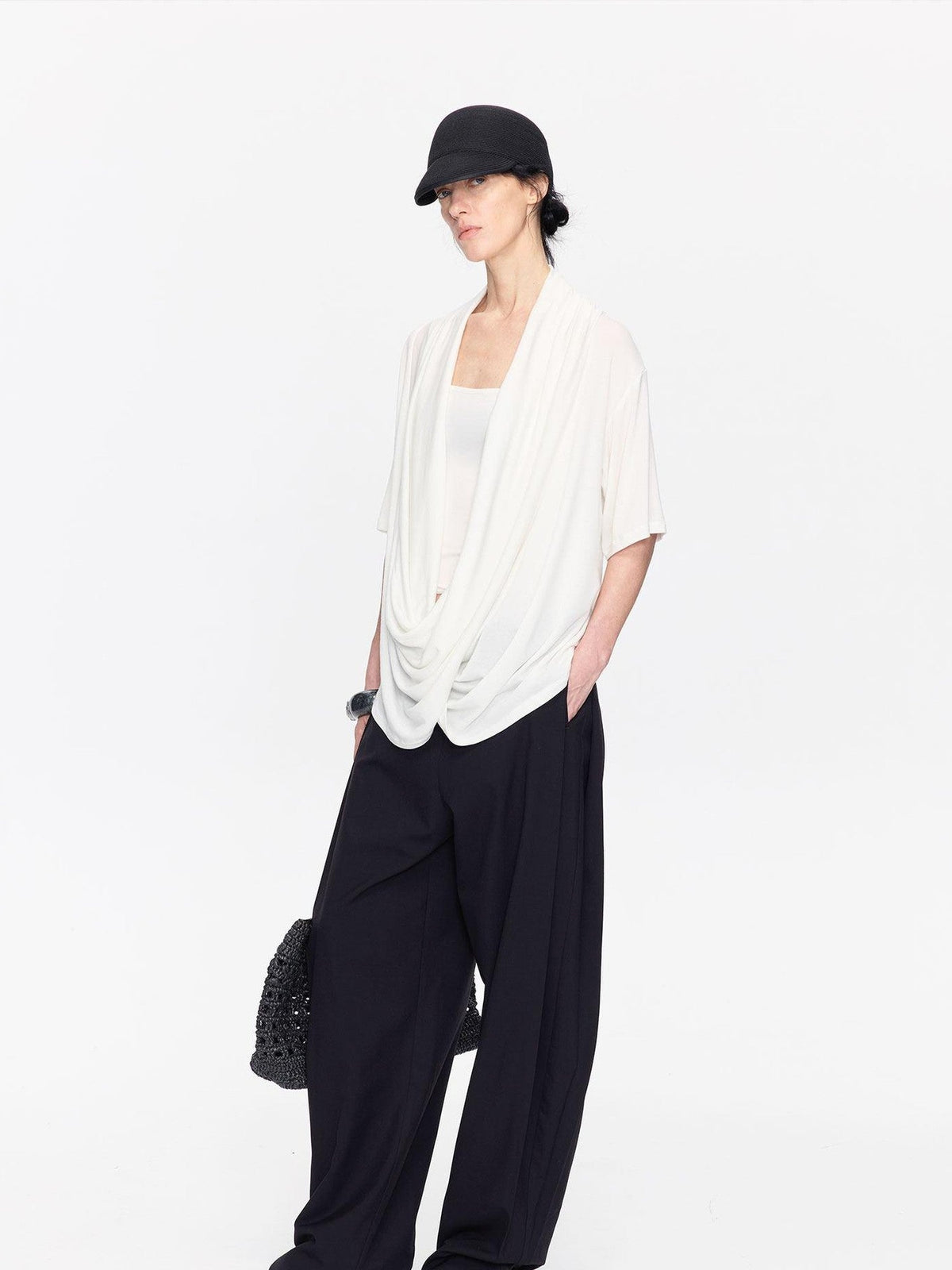 Black Minimal Pleated Tapered Relaxed Women's Polyester Blend Tailored Pants
