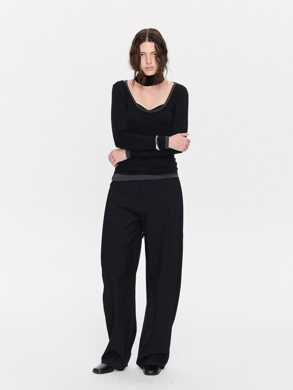 Black Minimal Pleated Tapered Relaxed Women's Polyester Blend Tailored Pants