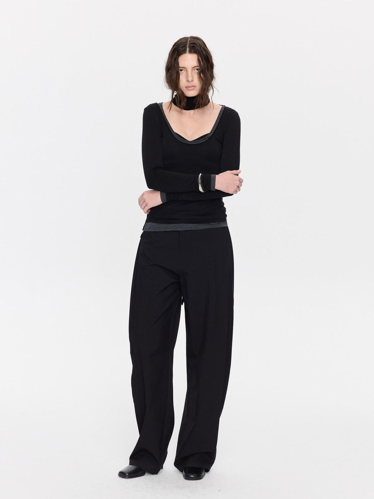 Black Minimal Pleated Tapered Relaxed Women's Polyester Blend Tailored Pants