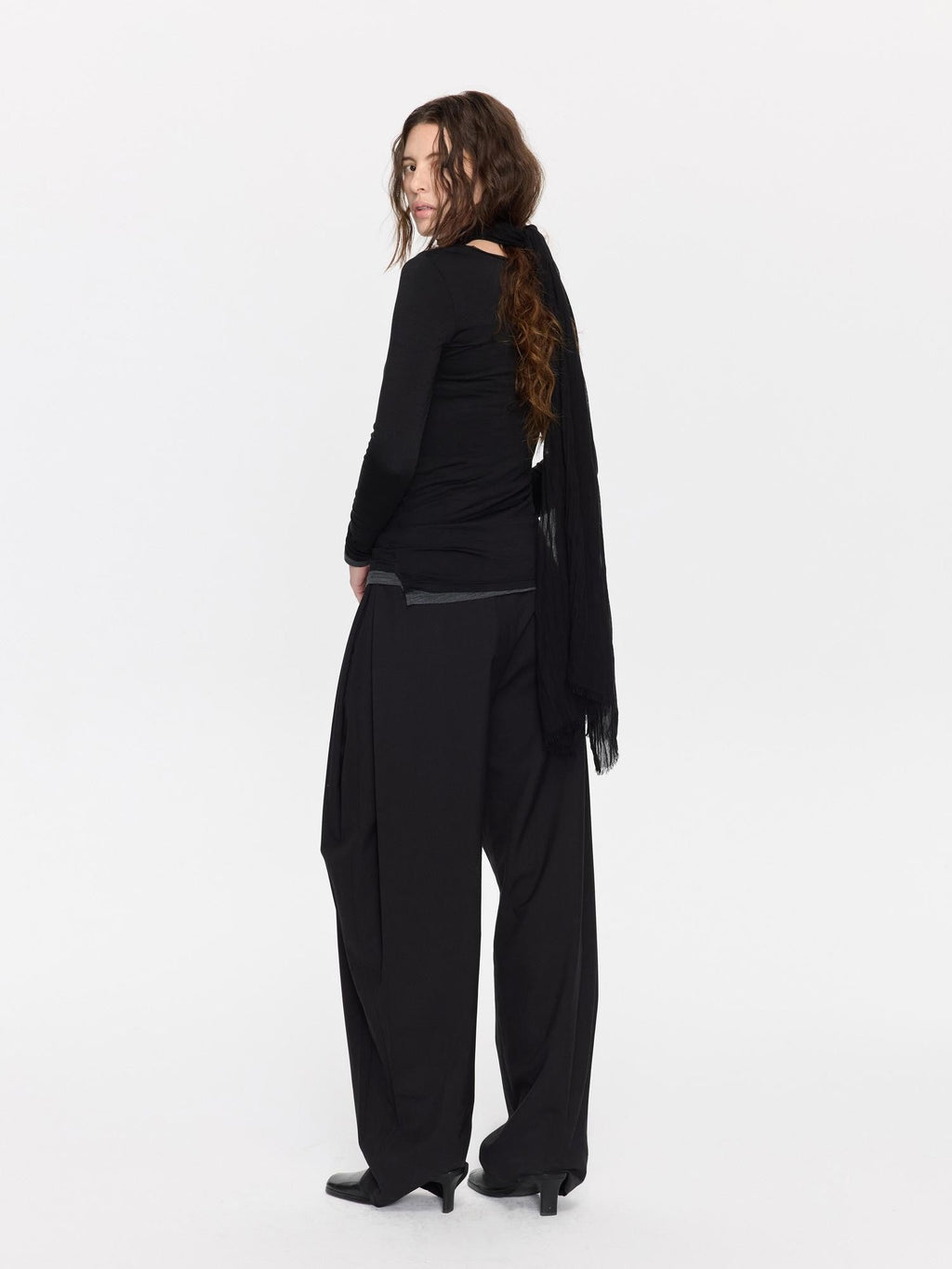 Black Minimal Pleated Tapered Relaxed Women's Polyester Blend Tailored Pants
