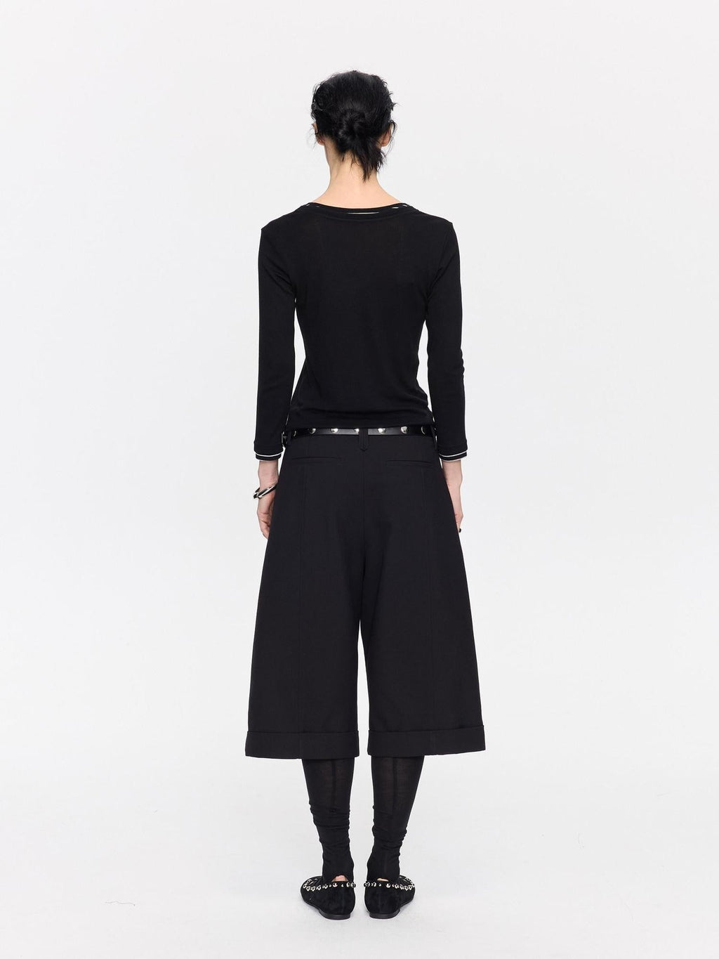 Black Patchwork Faux Two Piece V-neck Women's Lyocell Wool Long Sleeve T-shirts
