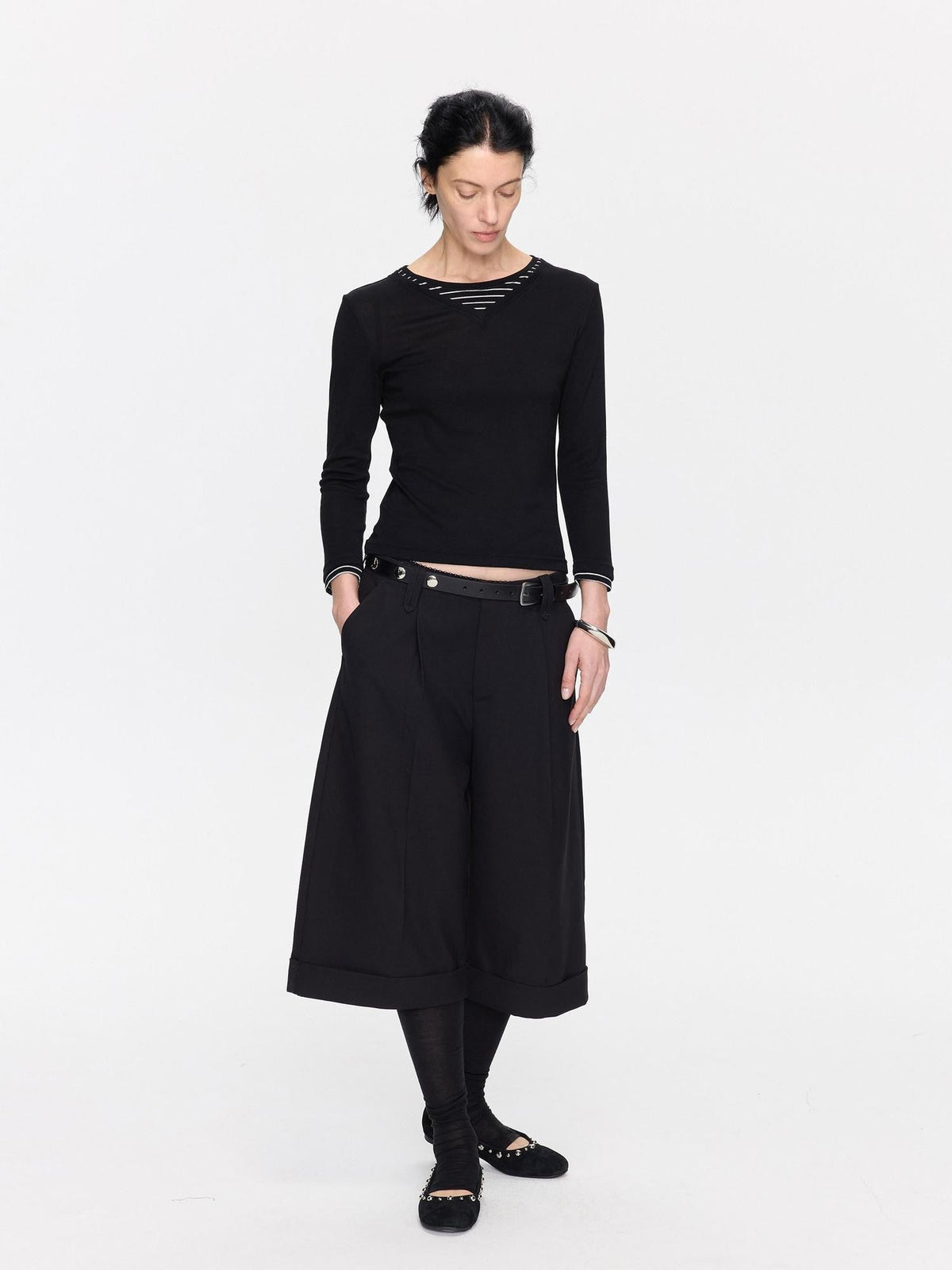 Black Patchwork Faux Two Piece V-neck Women's Lyocell Wool Long Sleeve T-shirts