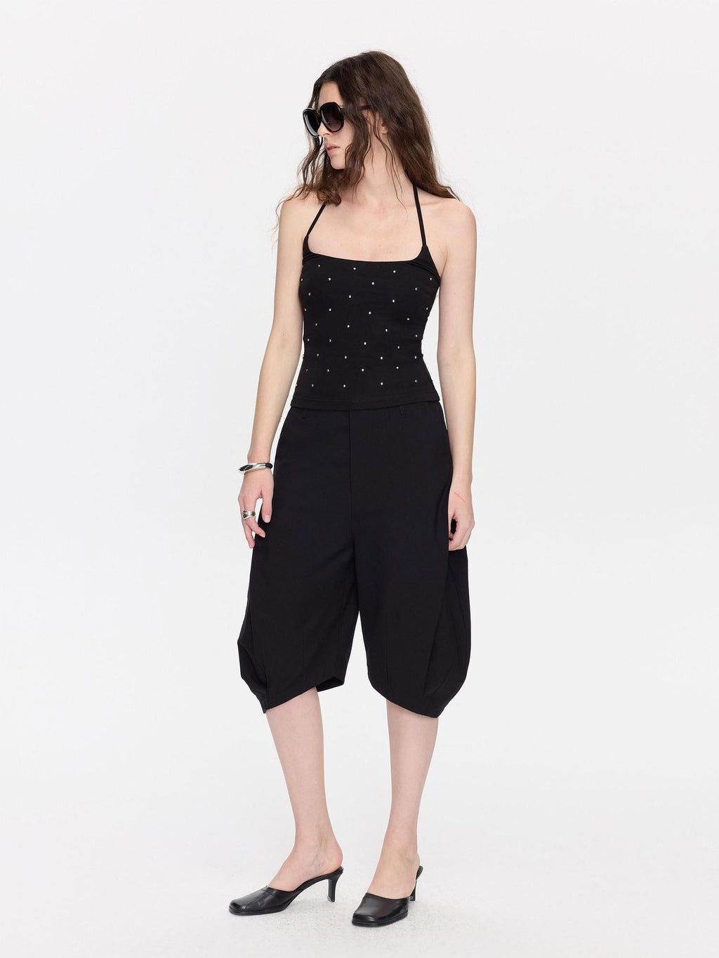 Black Rhinestone U Neck Slim Cropped Women's Viscose Halter Tops