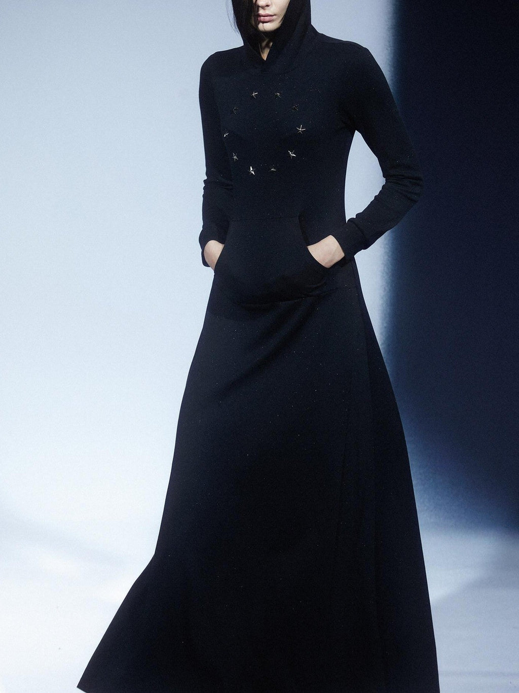 Black Sequin Star Stud Aline Women's Cotton Blend Casual Maxi Dresses