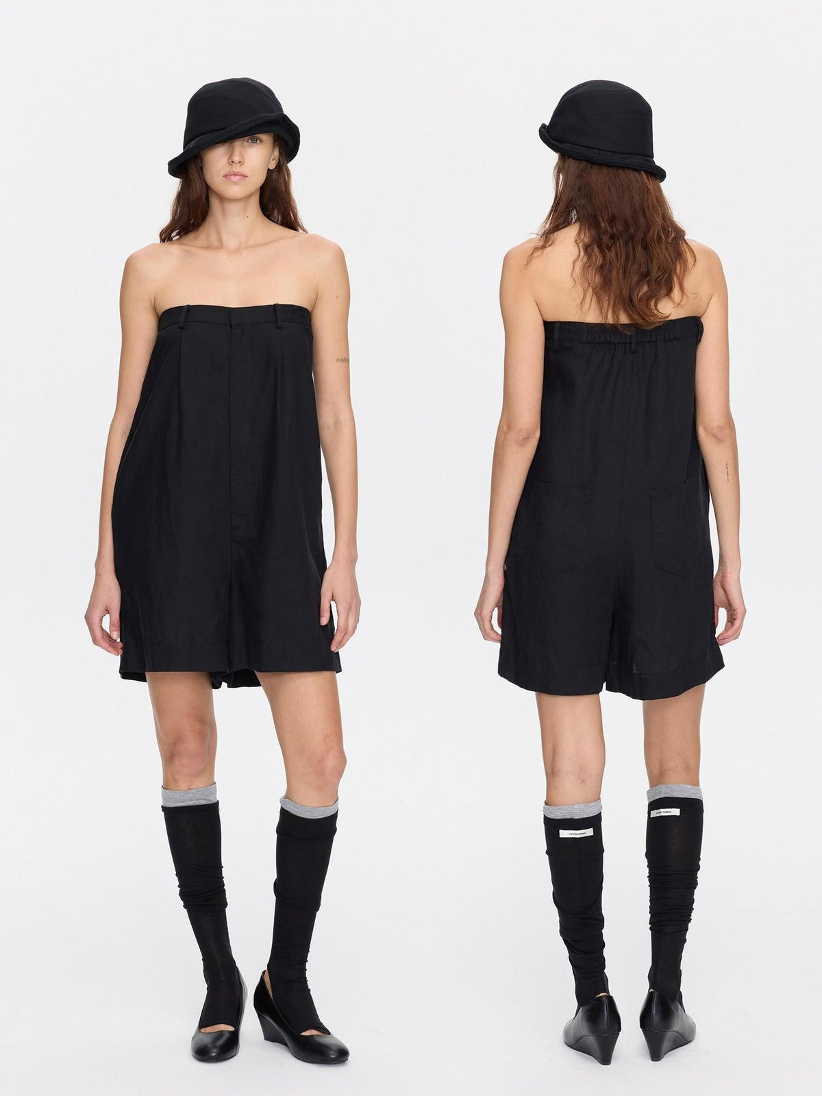 Black Solid Pocket Low Waist Loose Lyocell Linen Tube Top