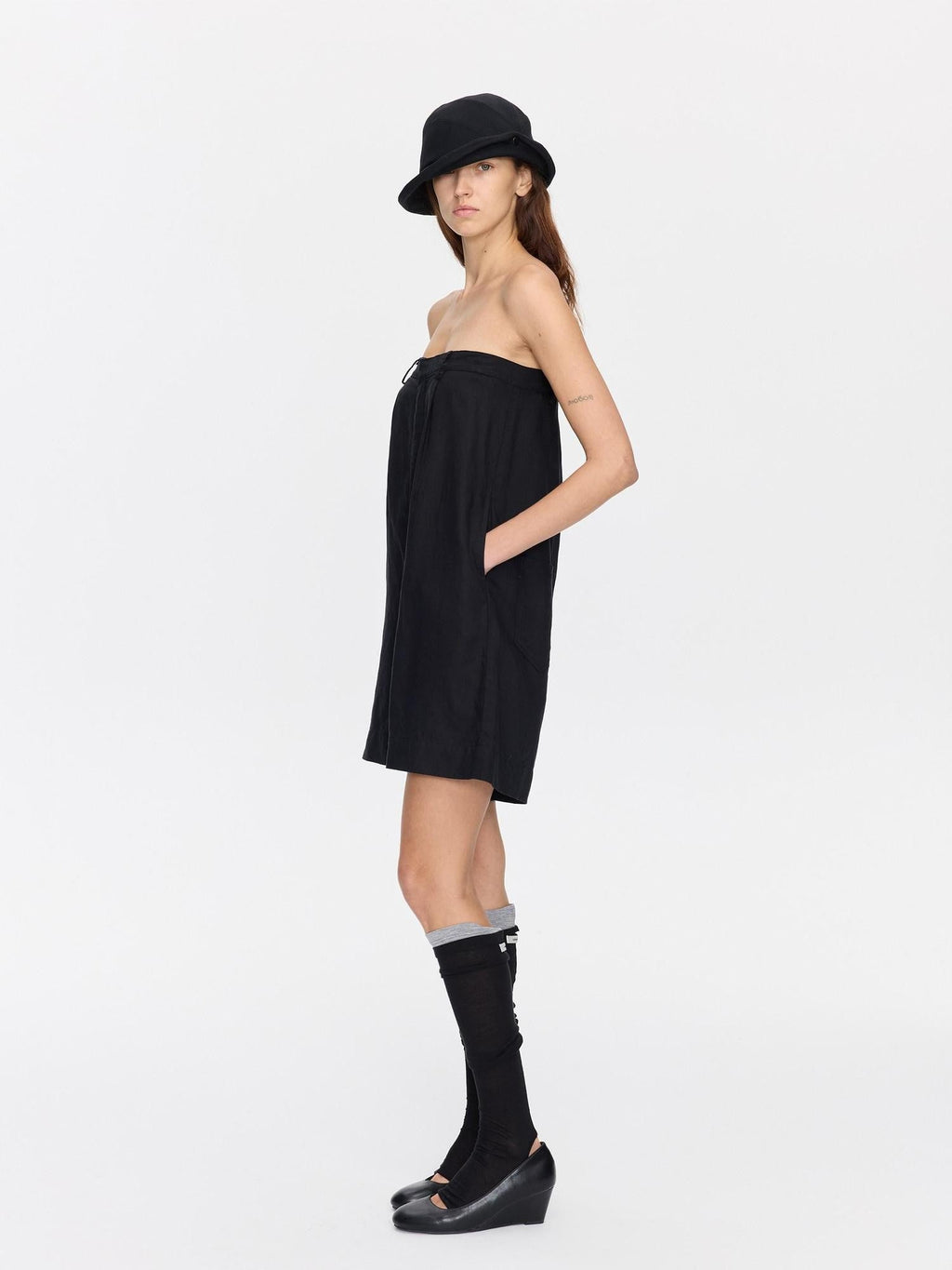 Black Solid Pocket Low Waist Loose Lyocell Linen Tube Top