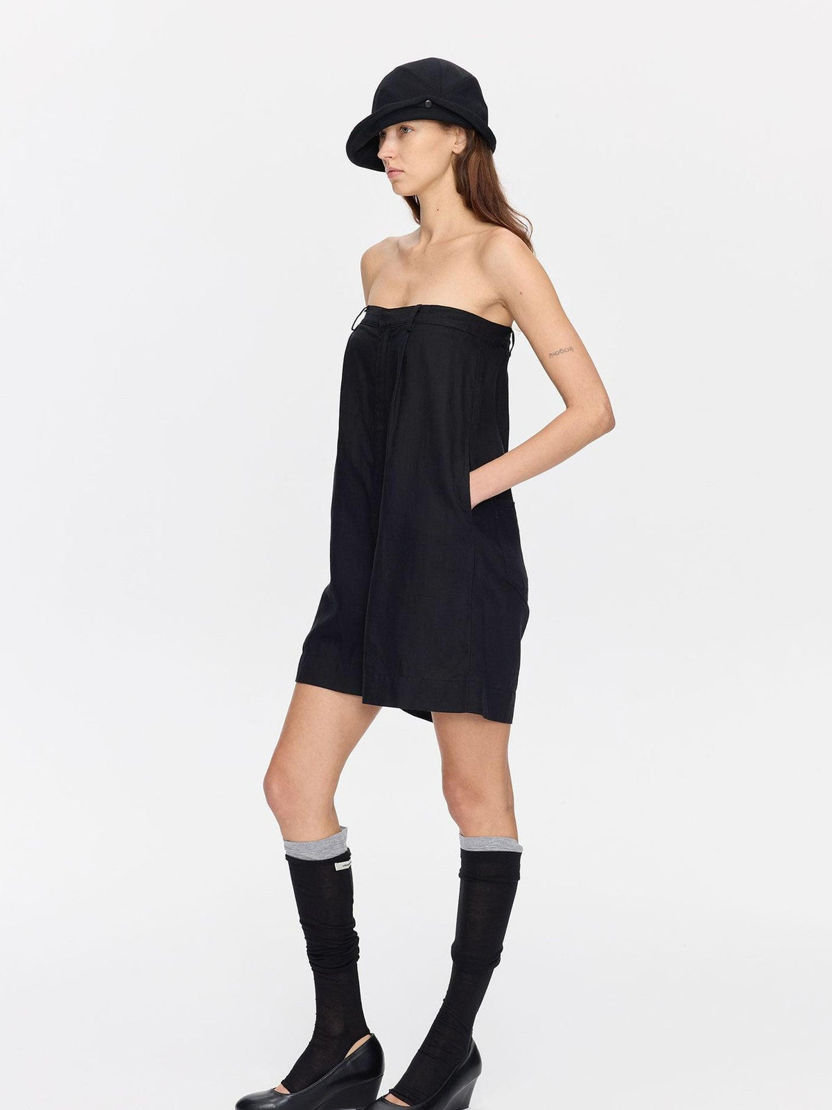 Black Solid Pocket Low Waist Loose Lyocell Linen Tube Top