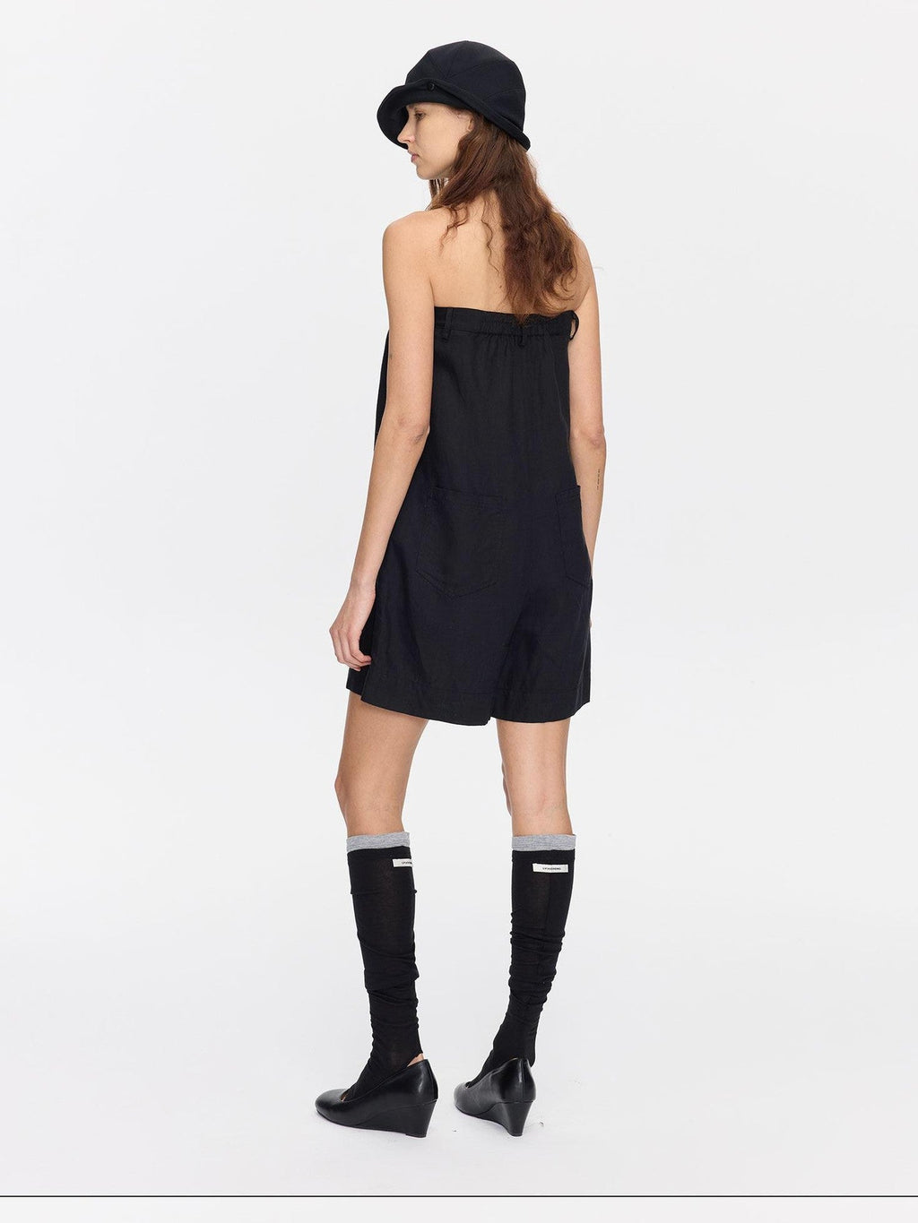 Black Solid Pocket Low Waist Loose Lyocell Linen Tube Top