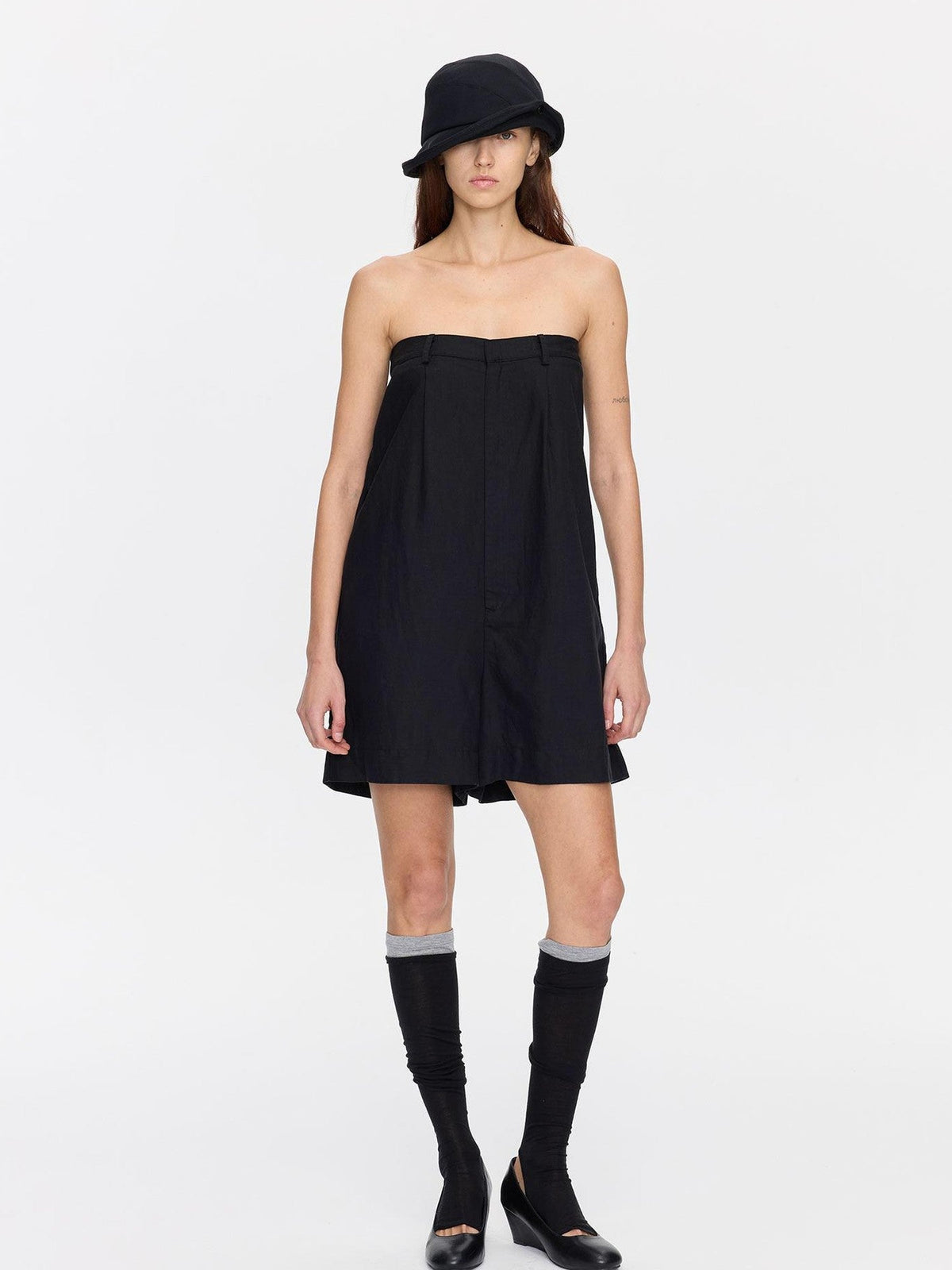 Black Solid Pocket Low Waist Loose Lyocell Linen Tube Top
