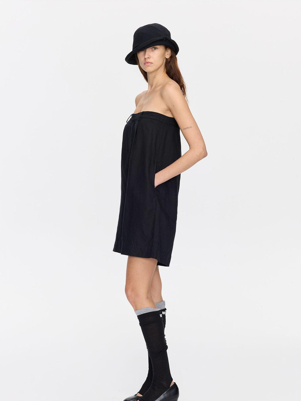 Black Solid Pocket Low Waist Loose Lyocell Linen Tube Top