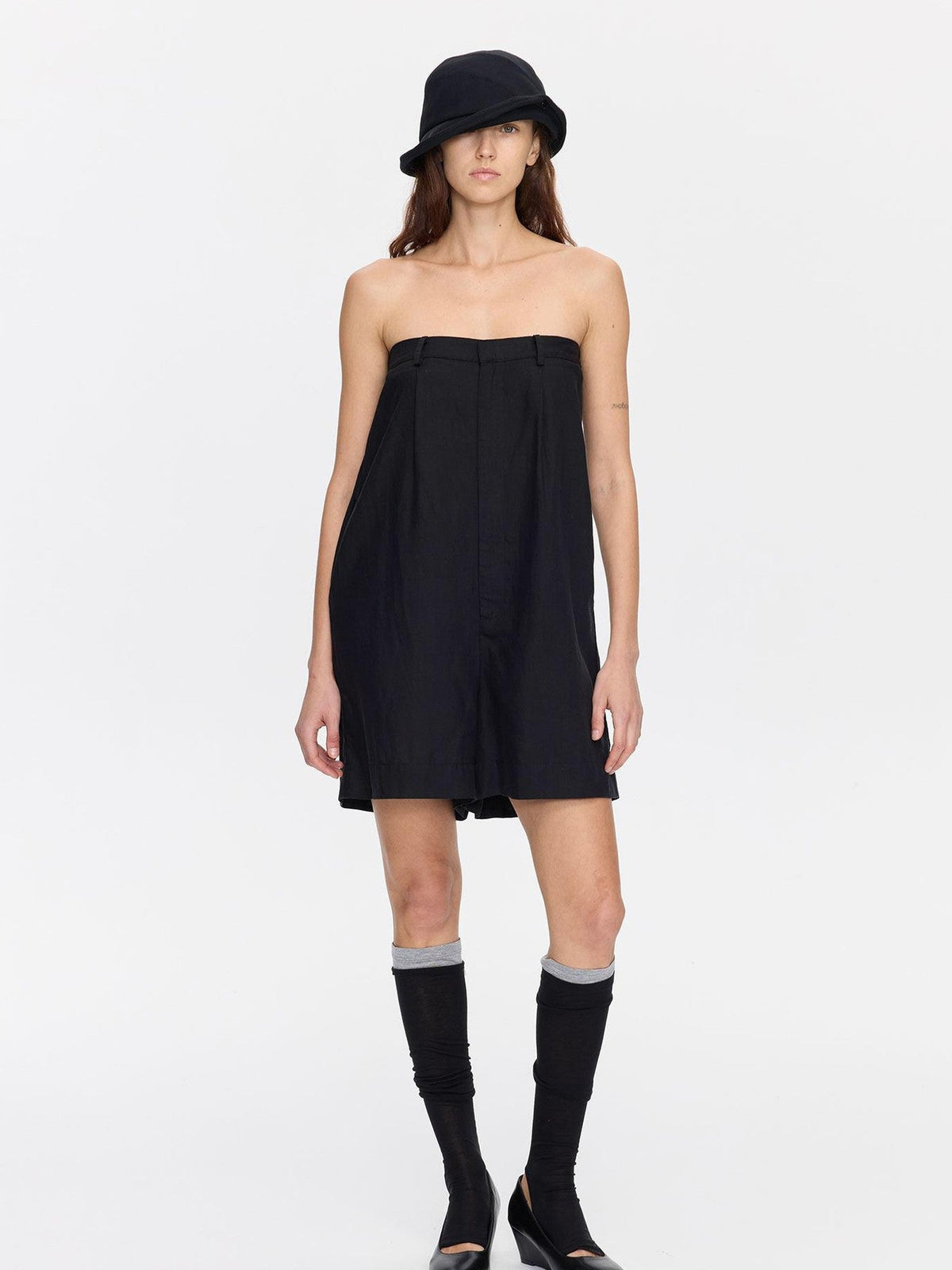 Black Solid Pocket Low Waist Loose Lyocell Linen Tube Top