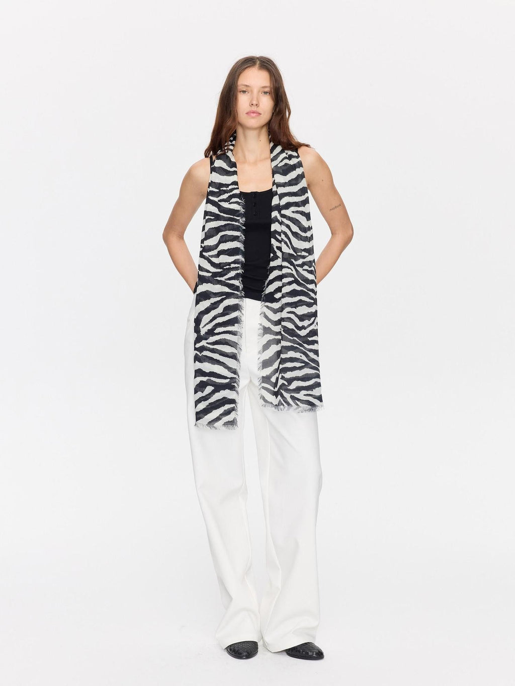 Black White Zebra Print Fringed Modal Silk Scarves & Shawls