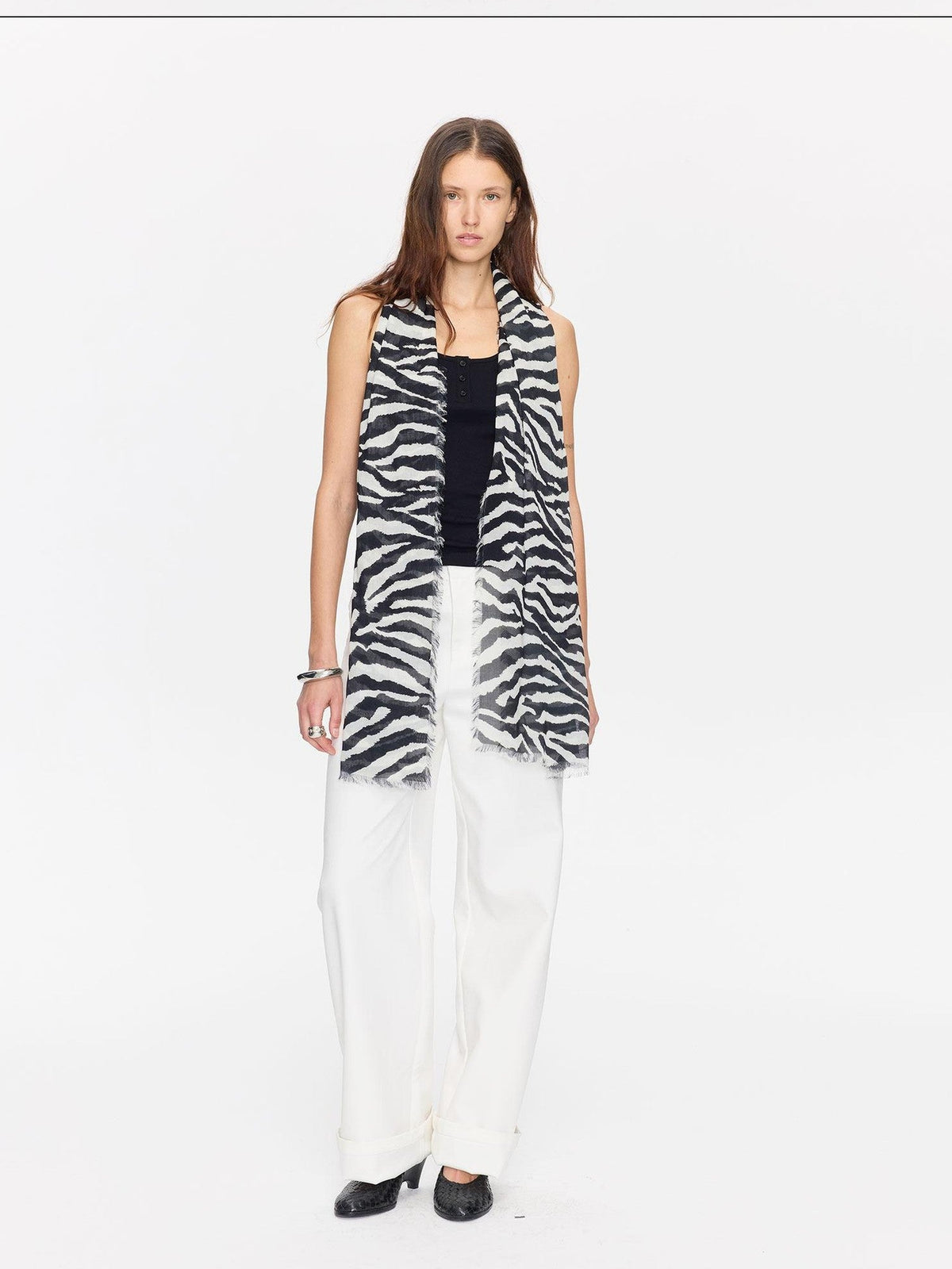 Black White Zebra Print Fringed Modal Silk Scarves & Shawls
