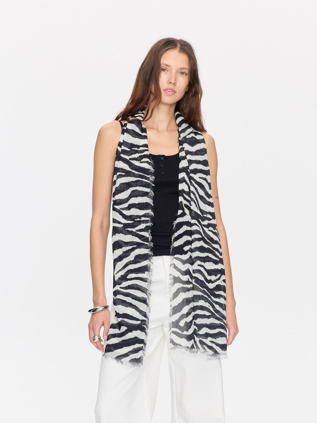 Black White Zebra Print Fringed Modal Silk Scarves & Shawls
