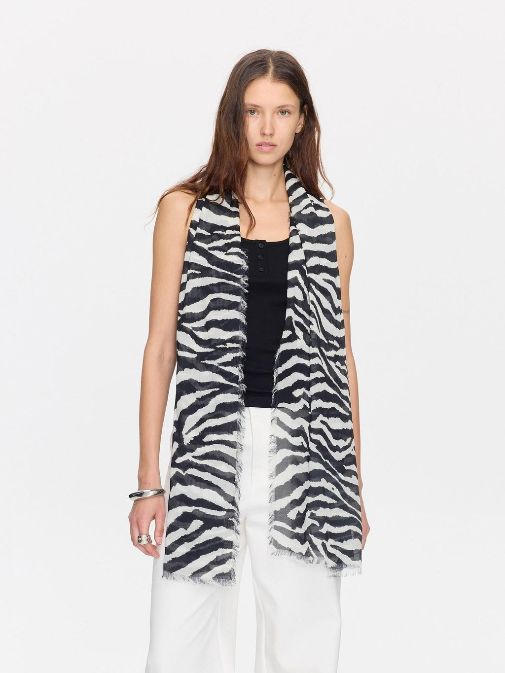 Black White Zebra Print Fringed Modal Silk Scarves & Shawls